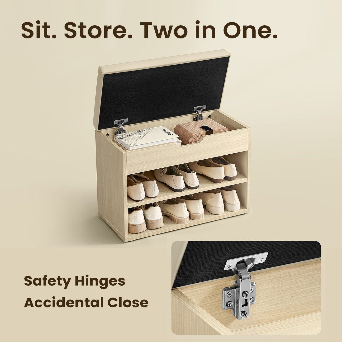 Shoe Storage Bench - Wood - Natural Beige - Cushioned Seat with 3 Storage Compartments
