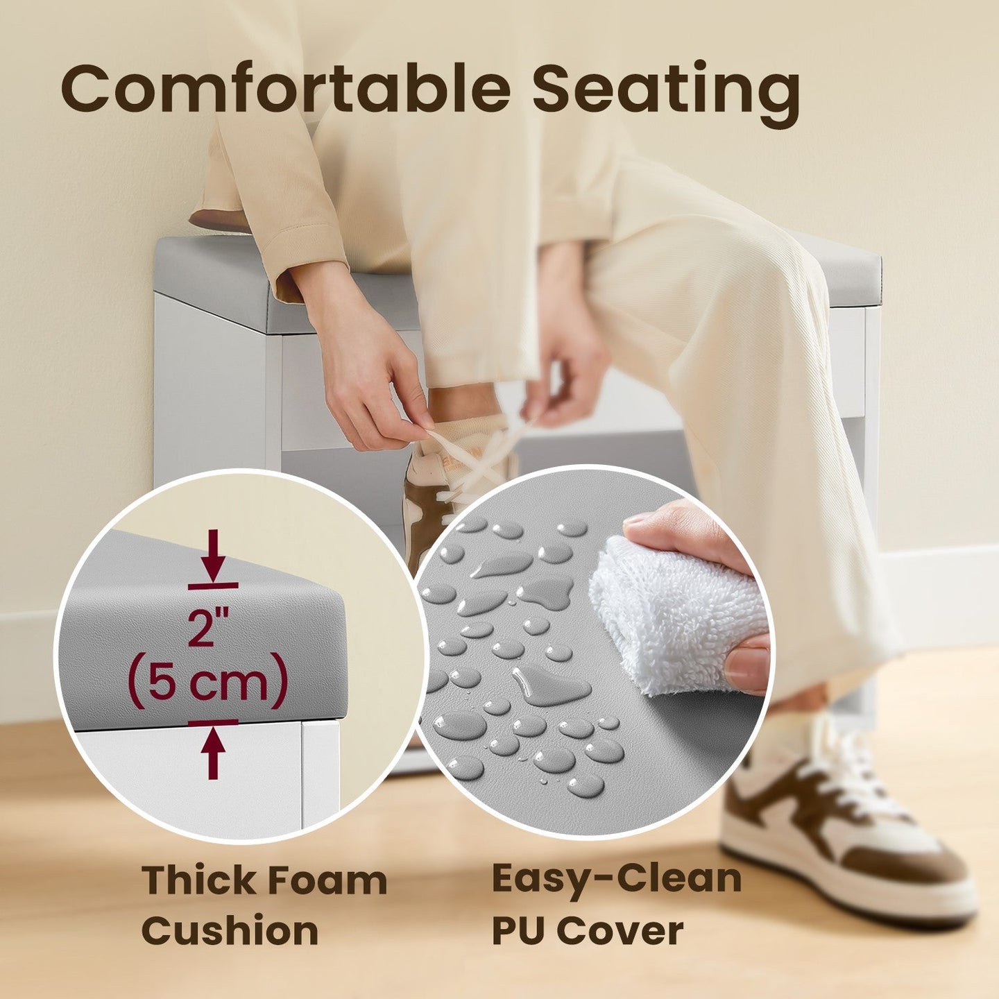 Shoe Storage Bench - Wood - Cloud White - Cushion Top and 3 Storage Compartments