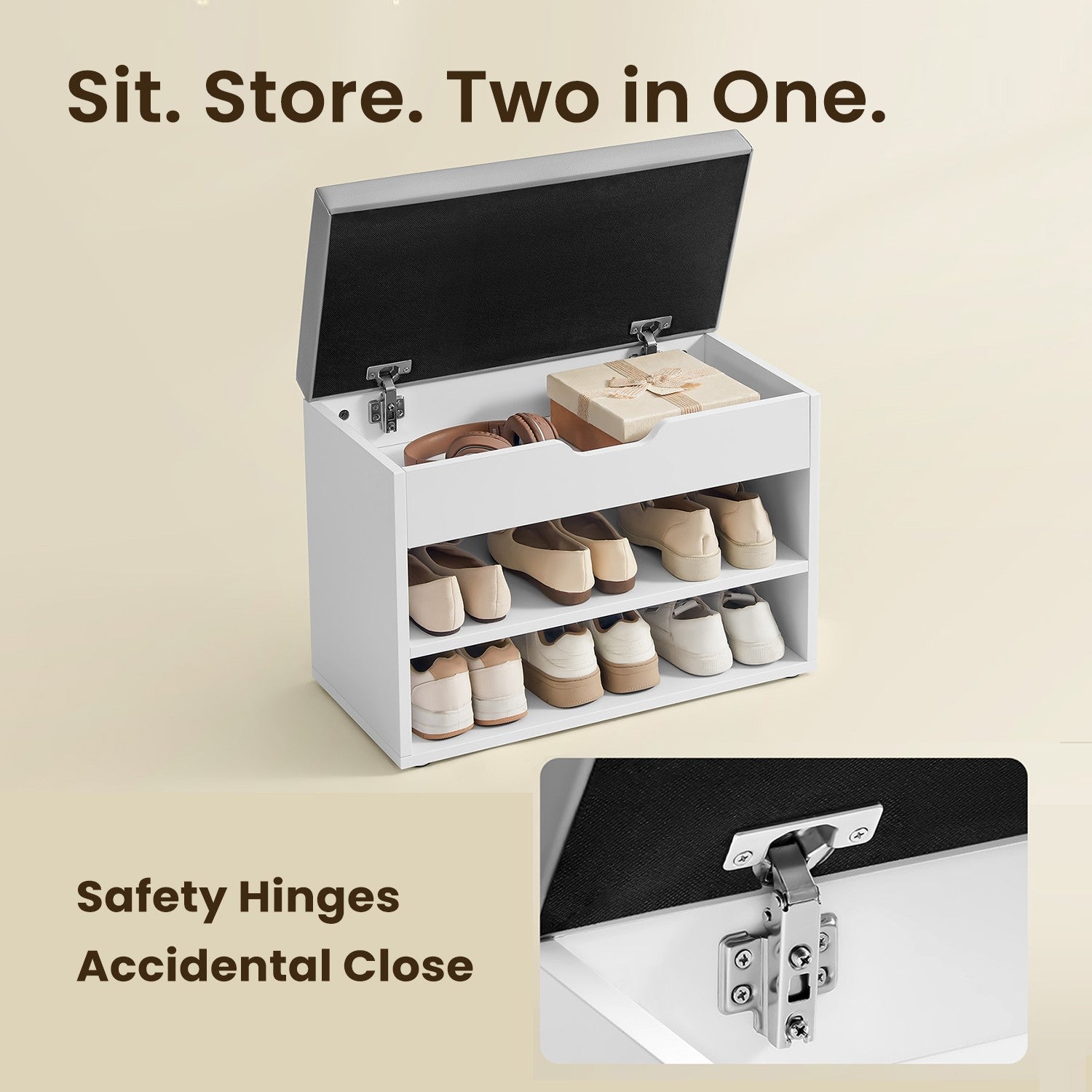 Shoe Storage Bench - Wood - Cloud White - Cushion Top and 3 Storage Compartments