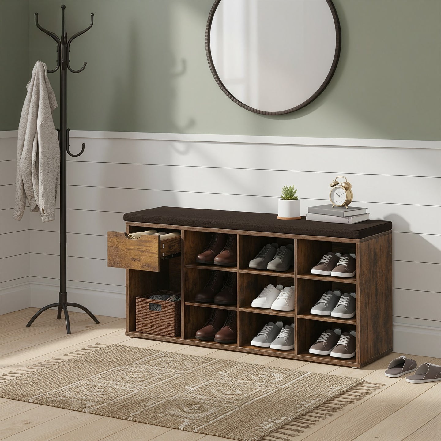 Shoe Bench - with Drawer and Open Compartments