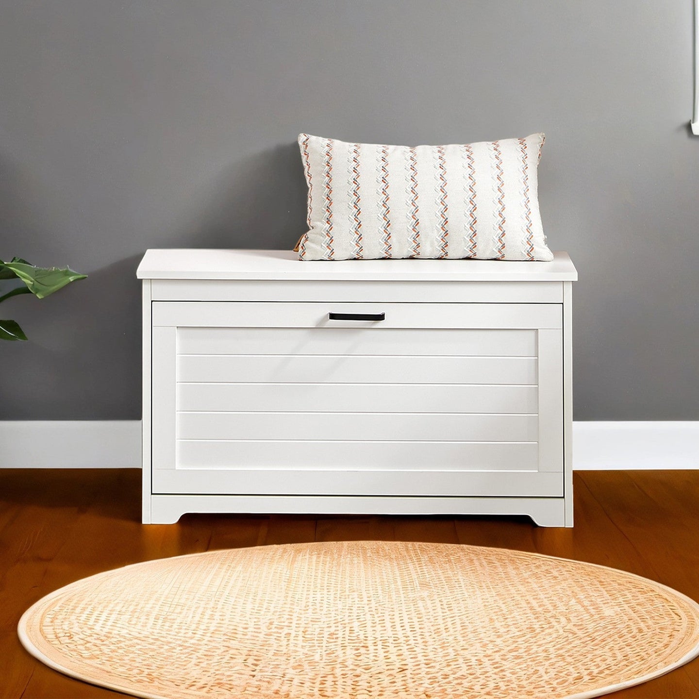 Shoe Bench - Wood - White - Flip-Up Door with Adjustable Interior Shelf and Side Handles