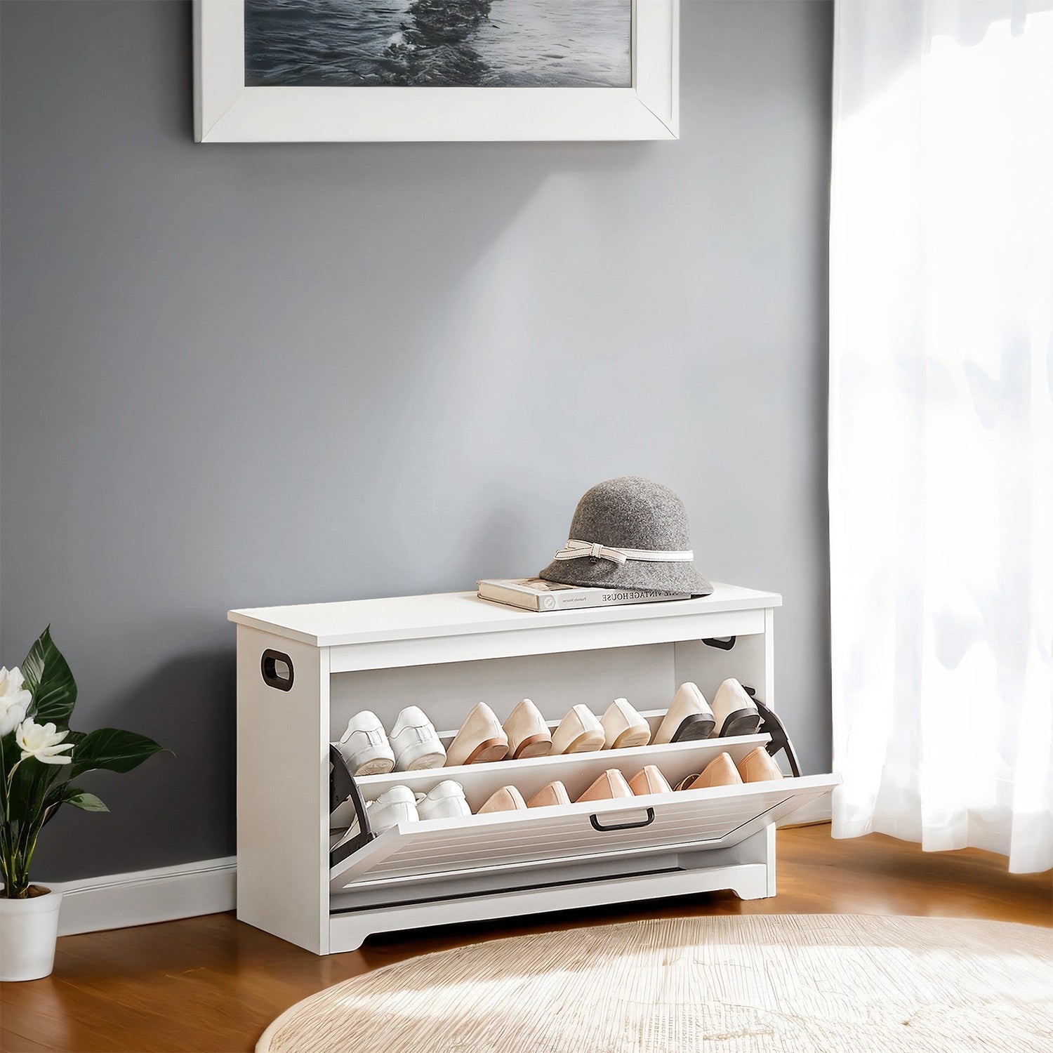 Shoe Bench - Wood - White - Flip-Up Door with Adjustable Interior Shelf and Side Handles