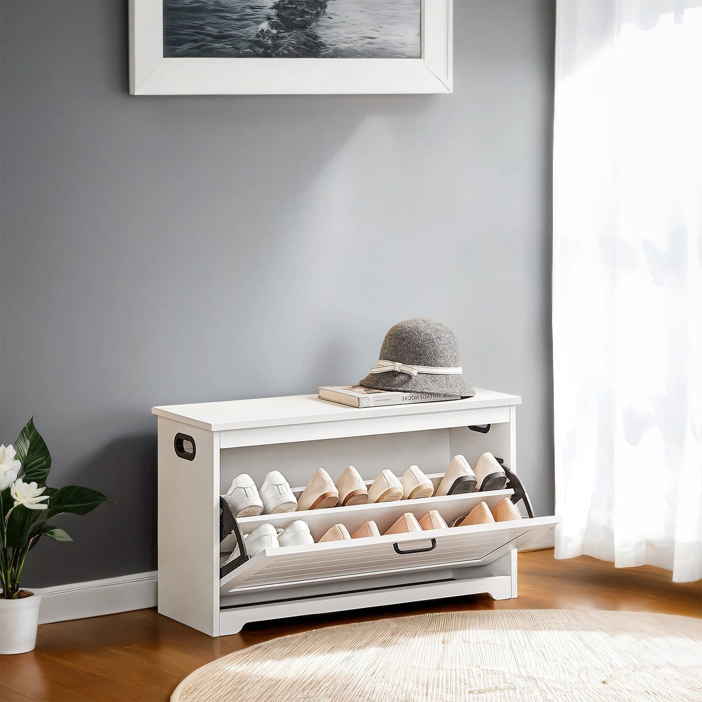 Shoe Bench - Wood - White - Flip-Up Door with Adjustable Interior Shelf and Side Handles