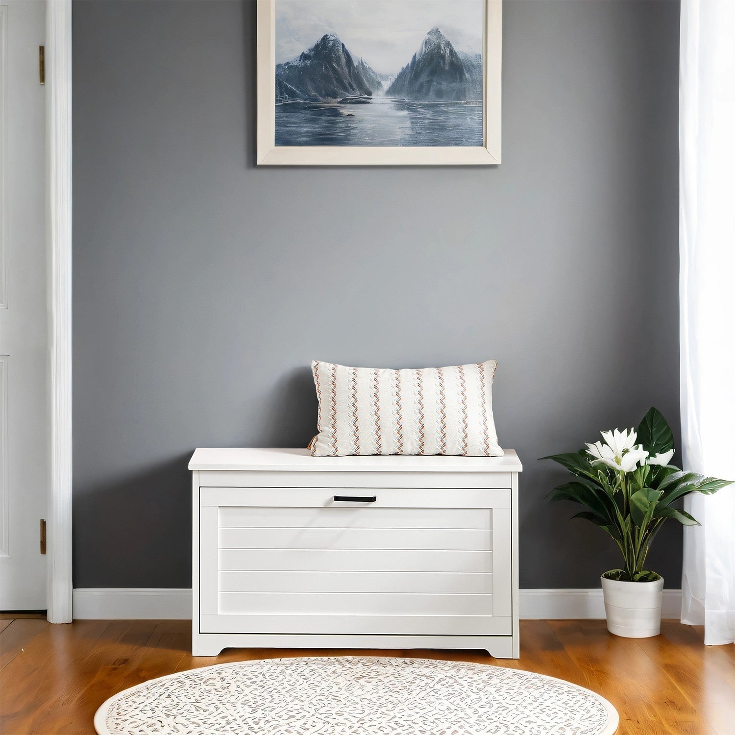Shoe Bench - Wood - White - Flip-Up Door with Adjustable Interior Shelf and Side Handles