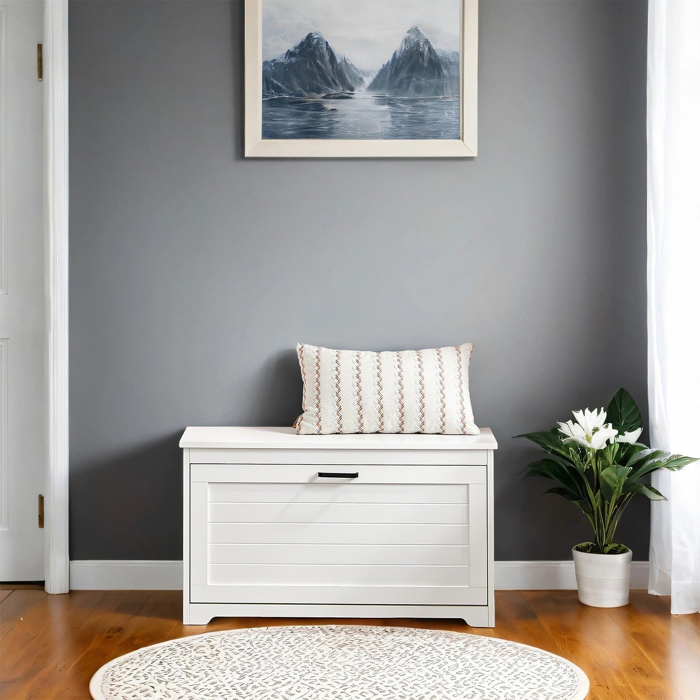 Shoe Bench - Wood - White - Flip-Up Door with Adjustable Interior Shelf and Side Handles
