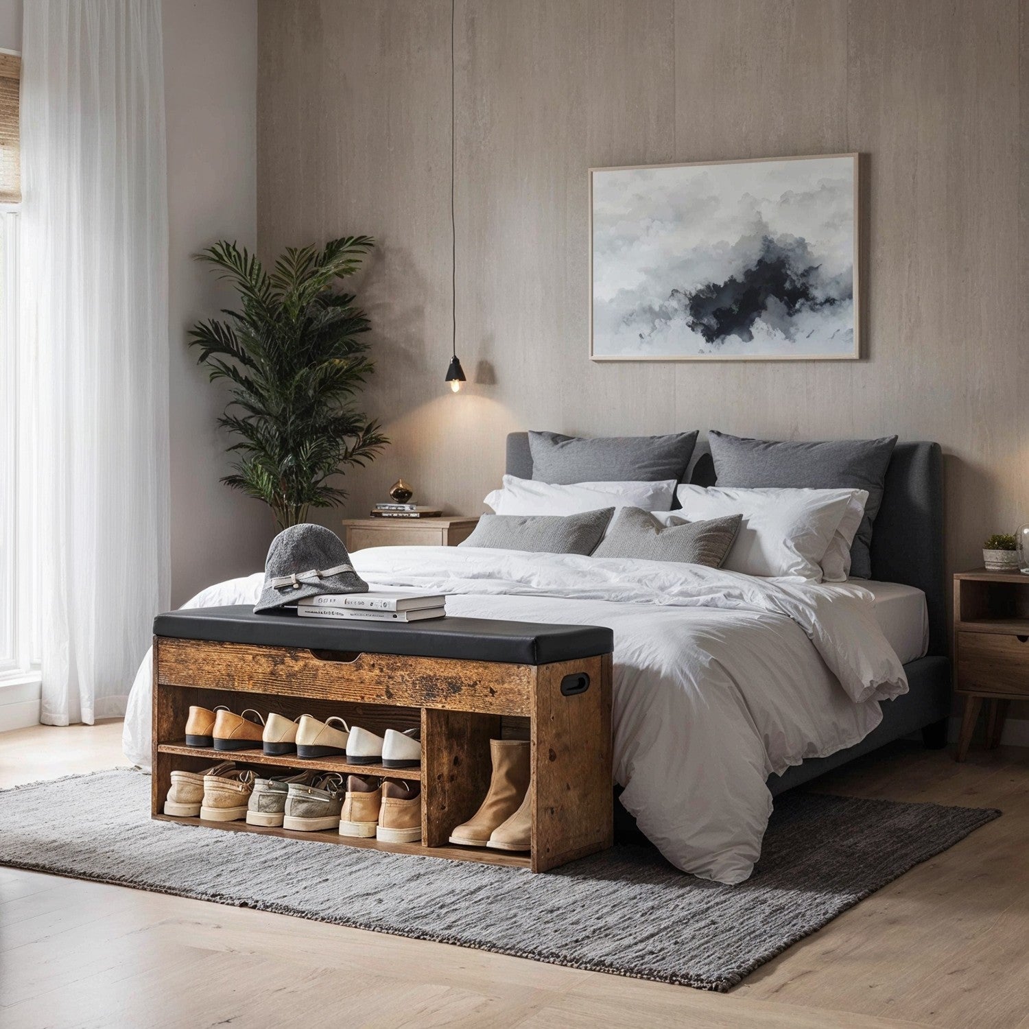 Entryway Storage Bench - Wood - White - Padded Seat with Hidden Compartments and Shelves