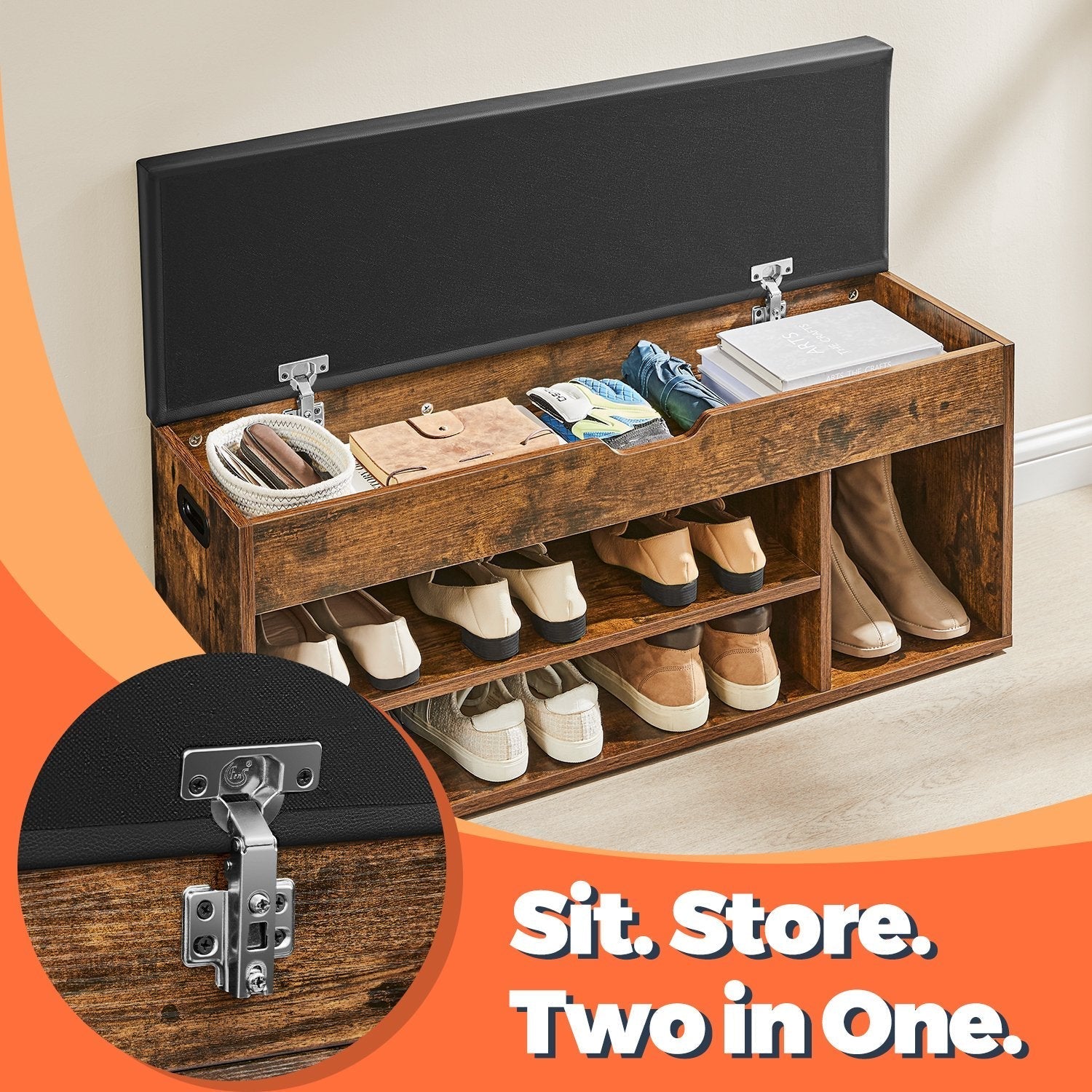 Entryway Storage Bench - Wood - Brown - Hidden Compartments with Padded Seat and Shoe Organiser