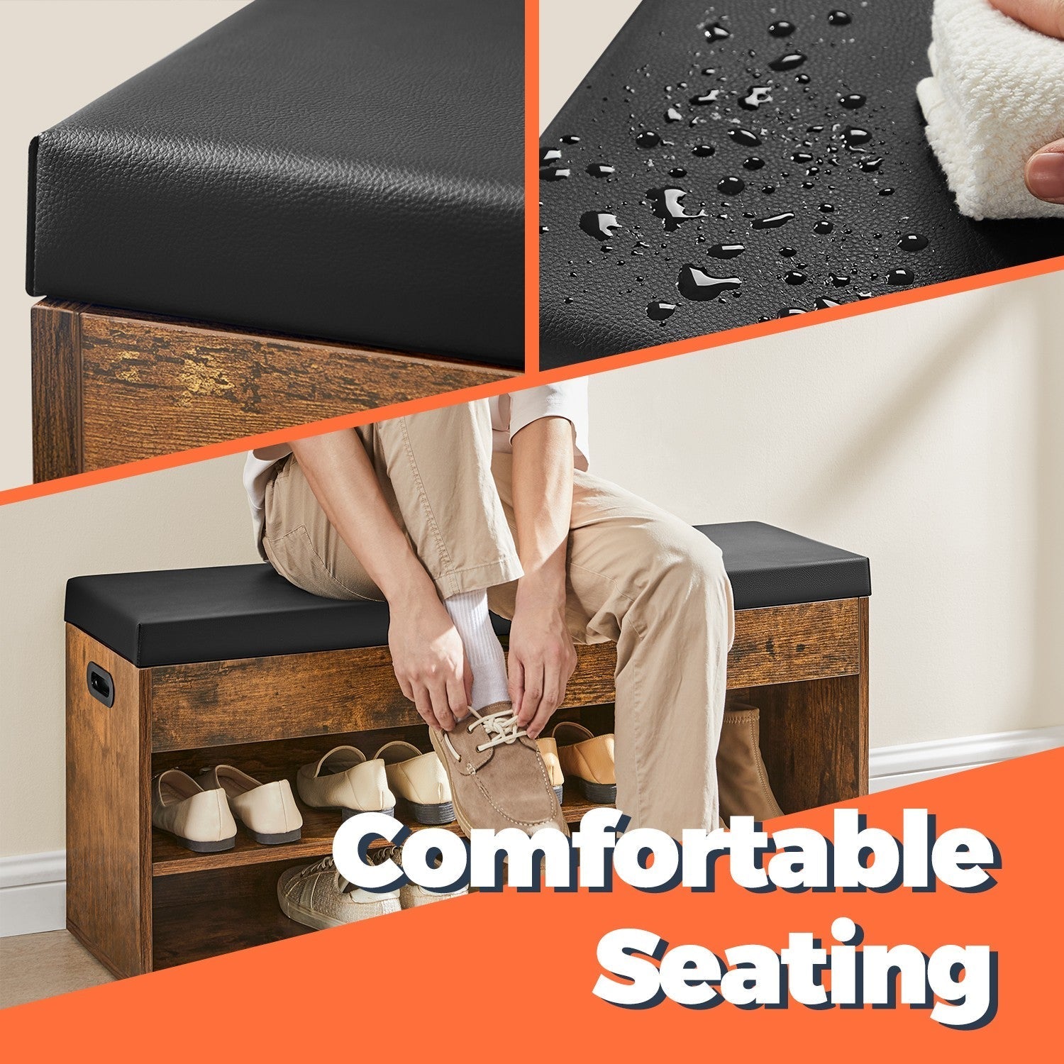 Entryway Storage Bench - Wood - Brown - Hidden Compartments with Padded Seat and Shoe Organiser