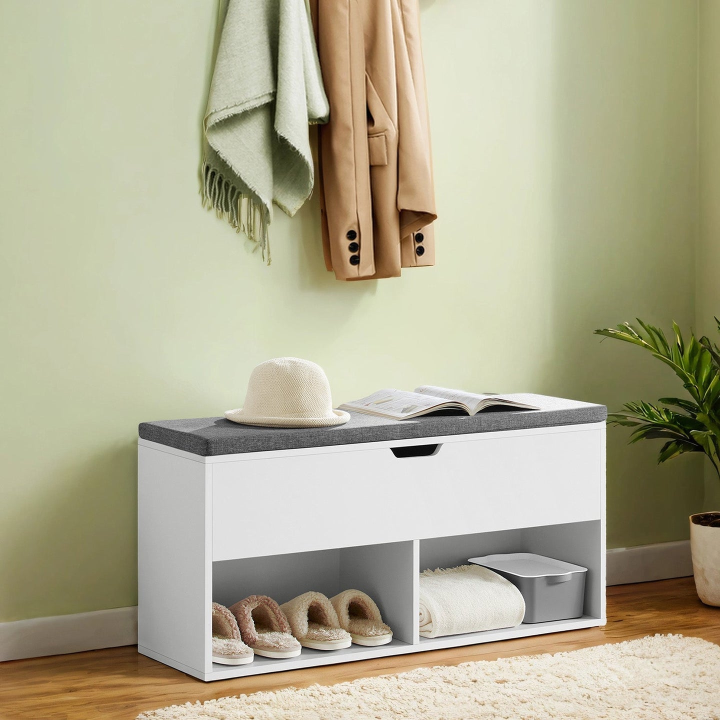 Shoe Bench - Wood - White - Padded Seat with Open and Closed Storage Compartments