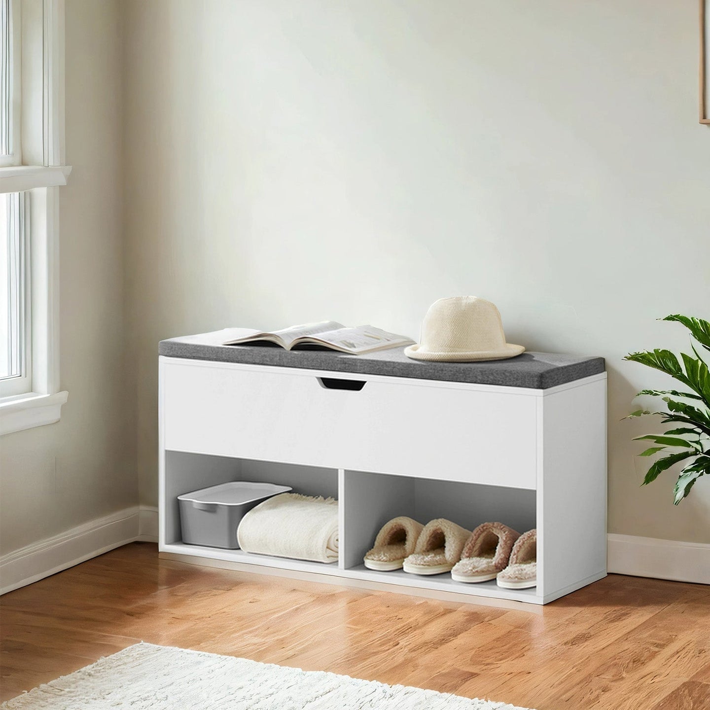 Shoe Bench - Wood - White - Padded Seat with Open and Closed Storage Compartments