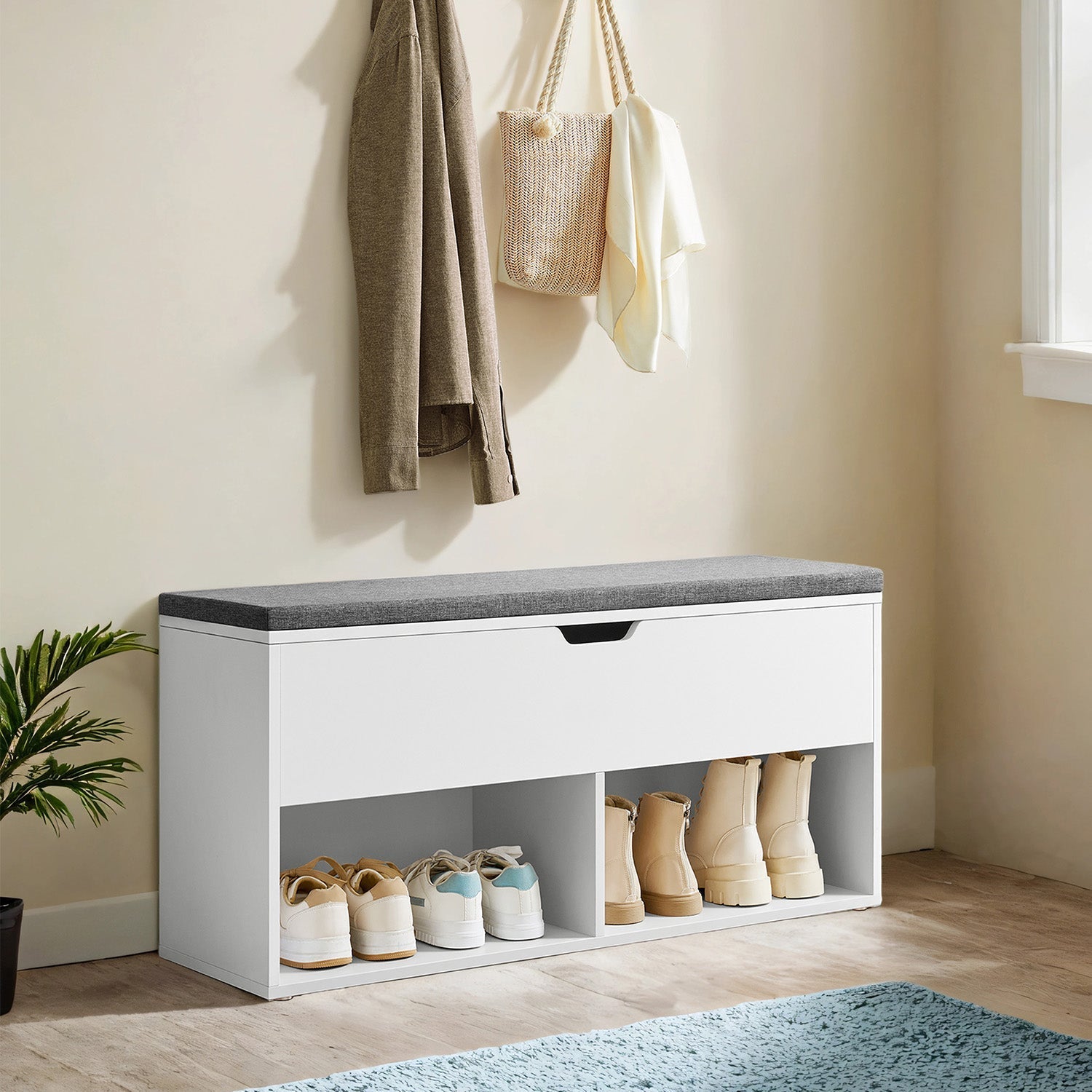 Shoe Bench - Wood - White - Padded Seat with Open and Closed Storage Compartments