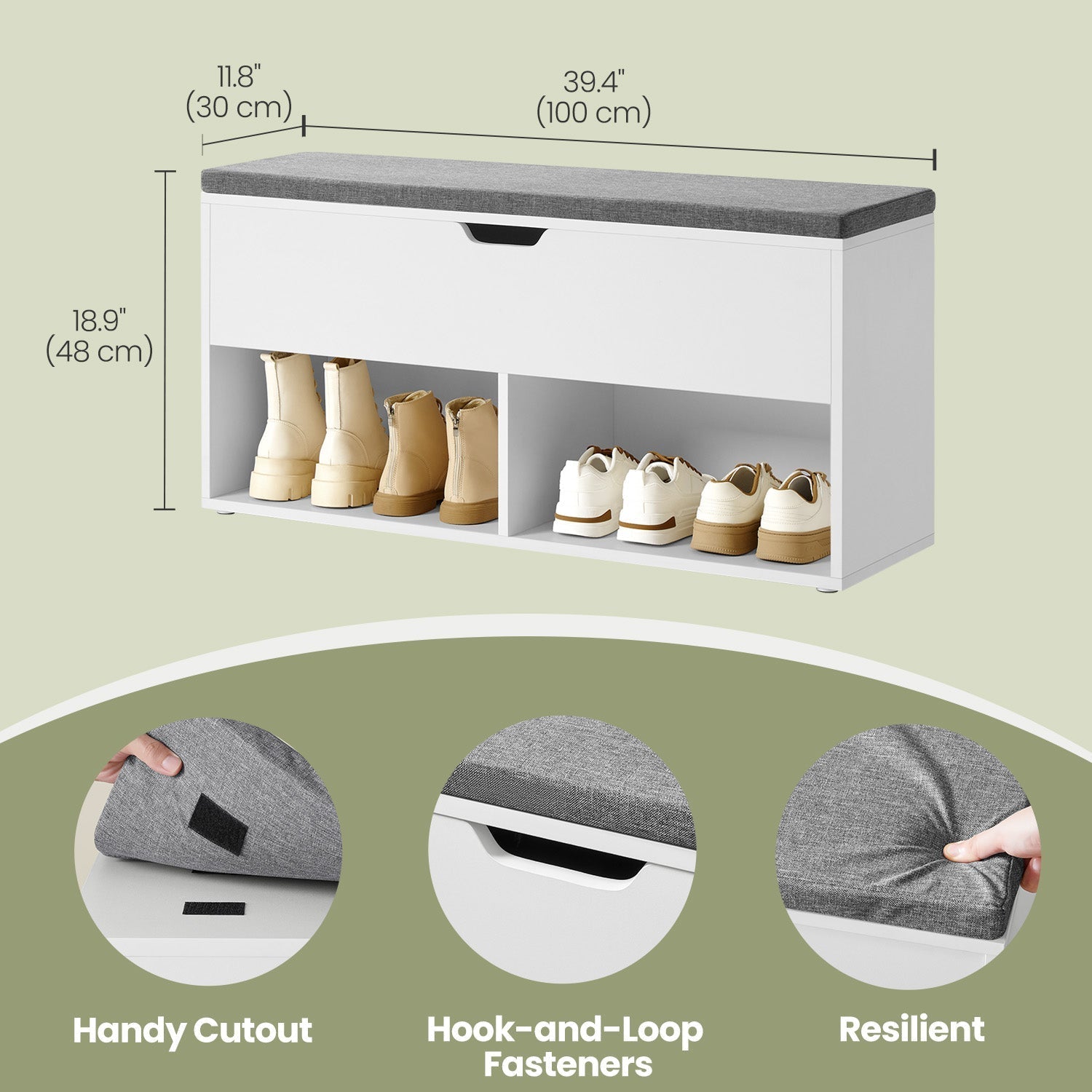 Shoe Bench - Wood - White - Padded Seat with Open and Closed Storage Compartments