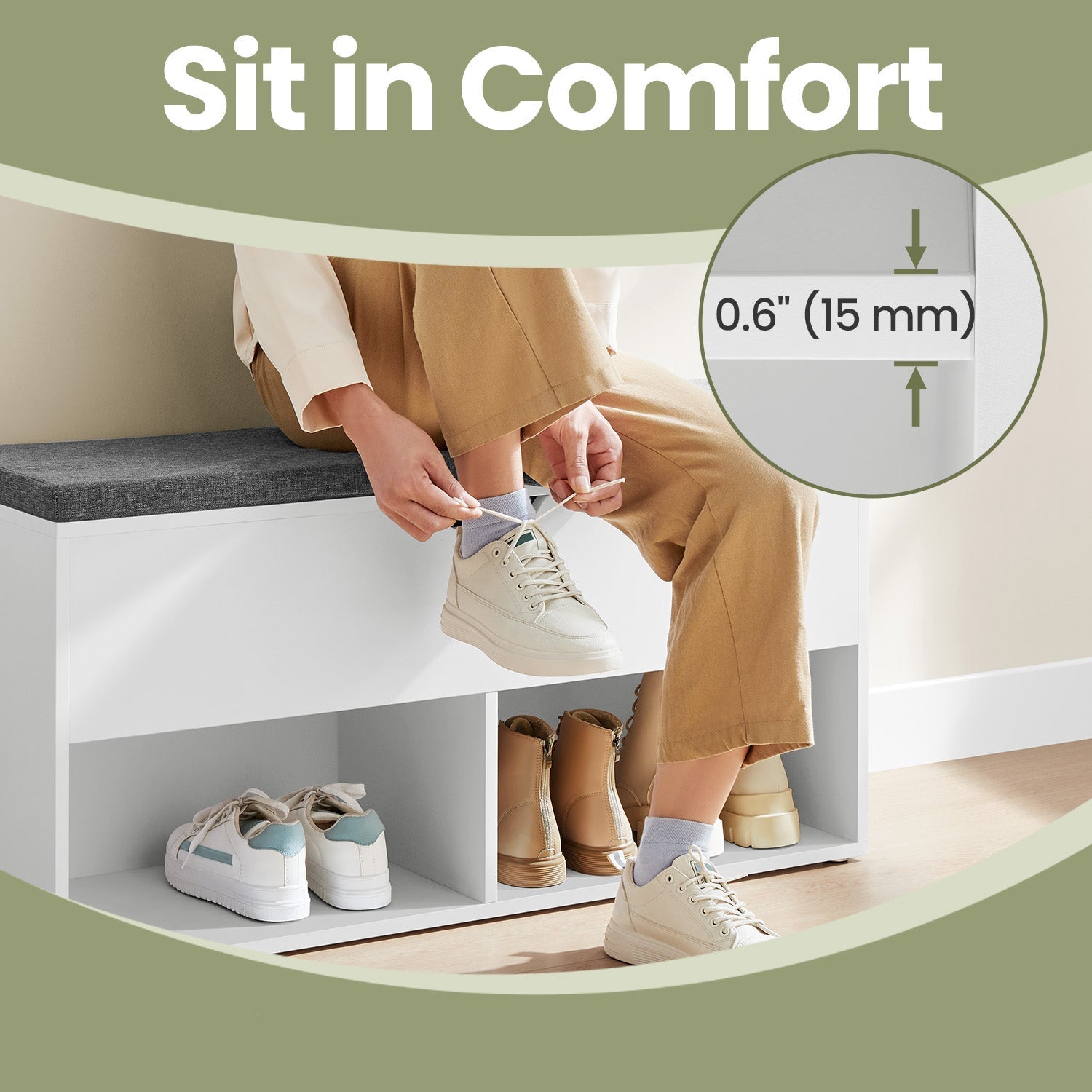 Shoe Bench - Wood - White - Padded Seat with Open and Closed Storage Compartments