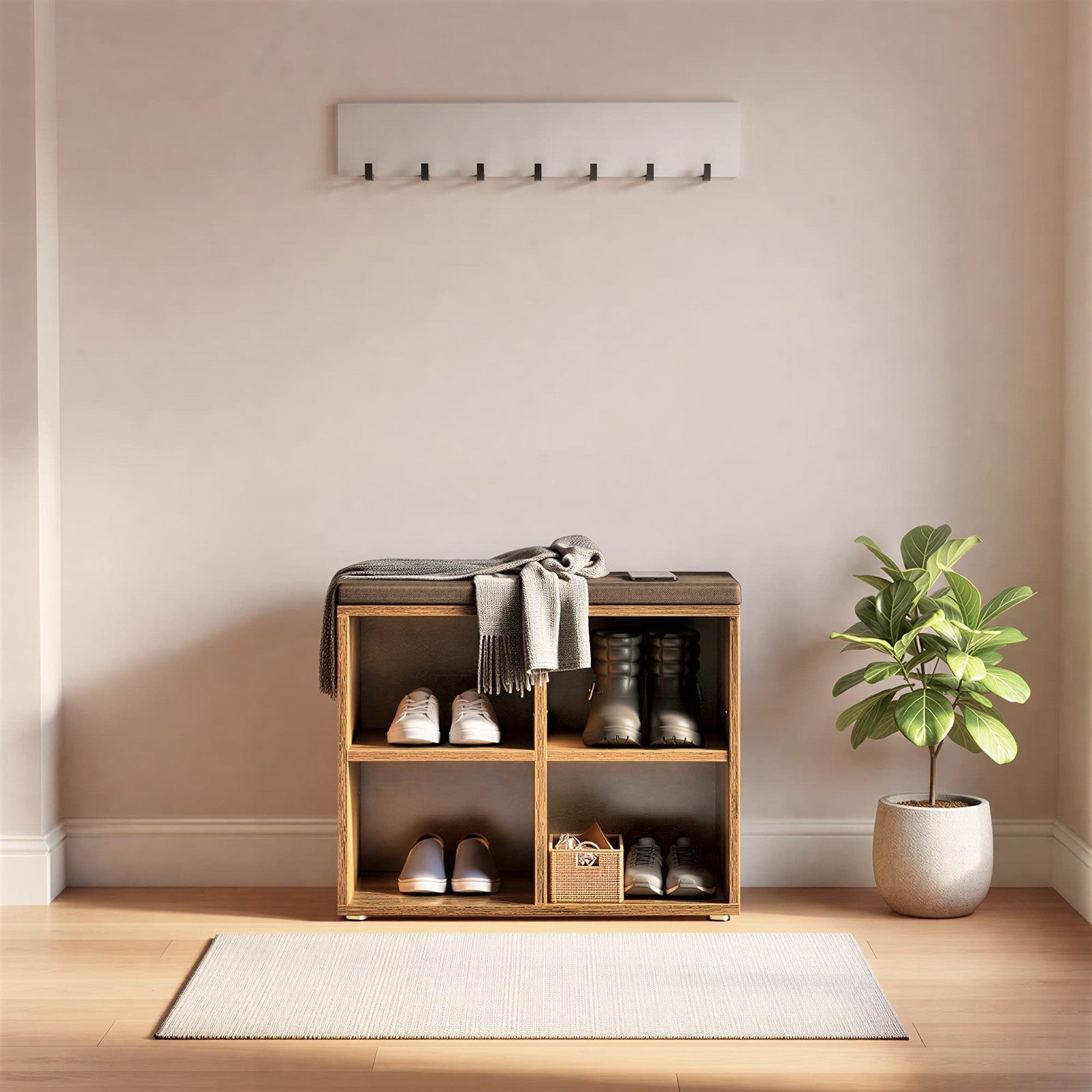 Shoe Storage Bench - Wood and Foam - Brown - with 4 Compartments