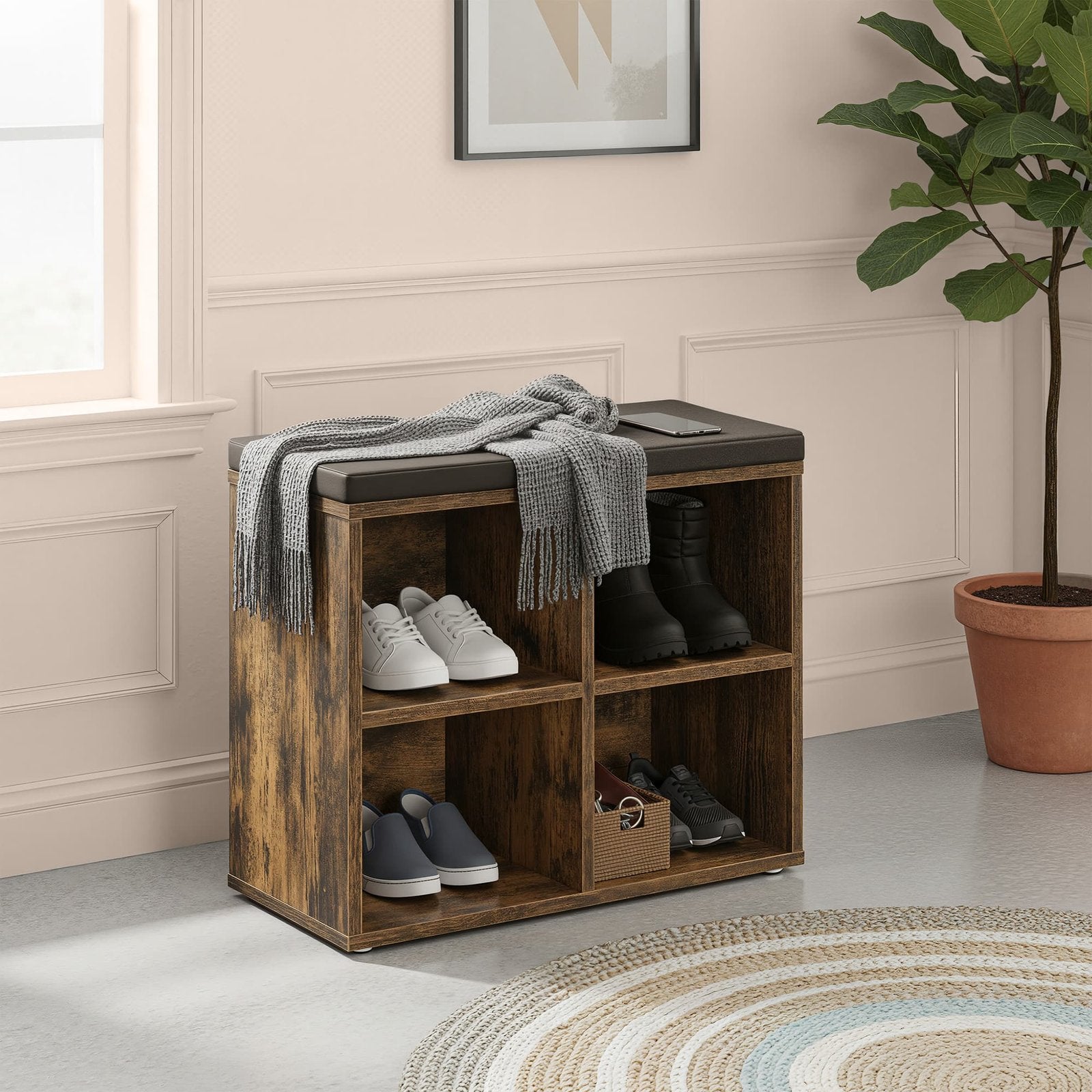 Shoe Storage Bench - Wood and Foam - Brown - with 4 Compartments