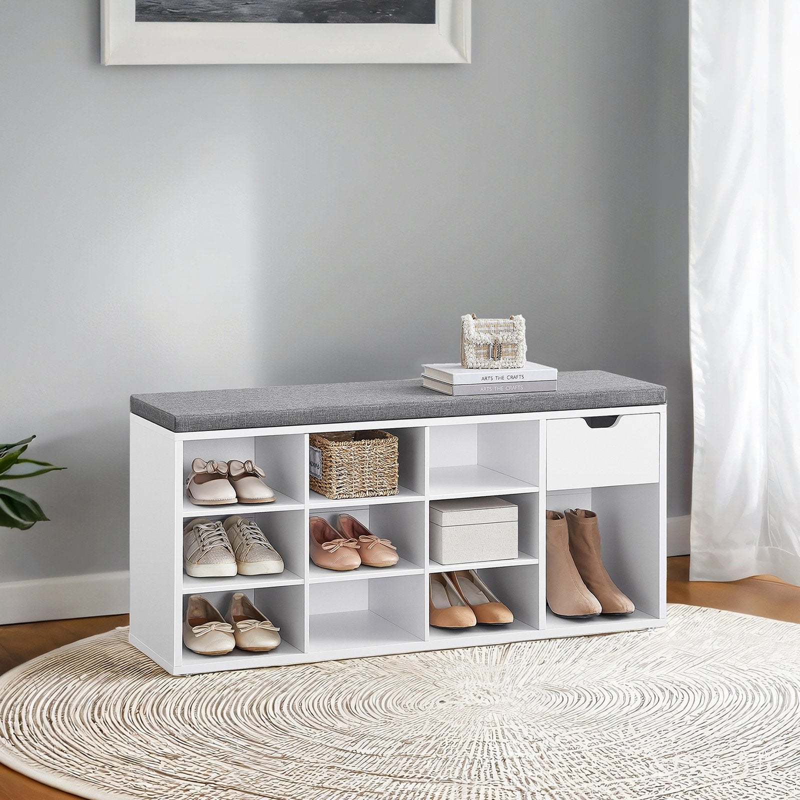 Storage Bench - Engineered Wood - White and Gray - Cushion Seat with Drawer and Open Compartments
