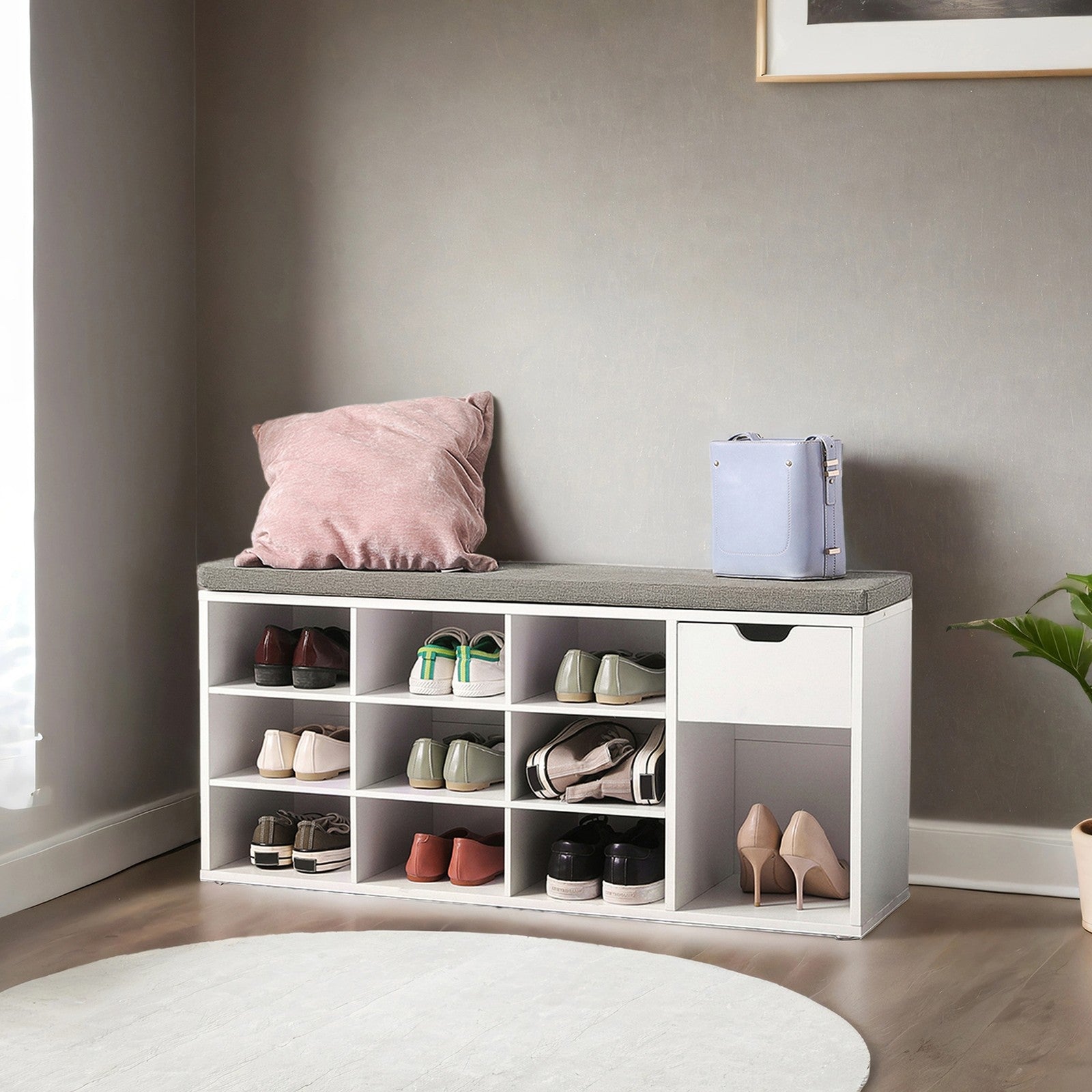 Storage Bench - Engineered Wood - White and Gray - Cushion Seat with Drawer and Open Compartments