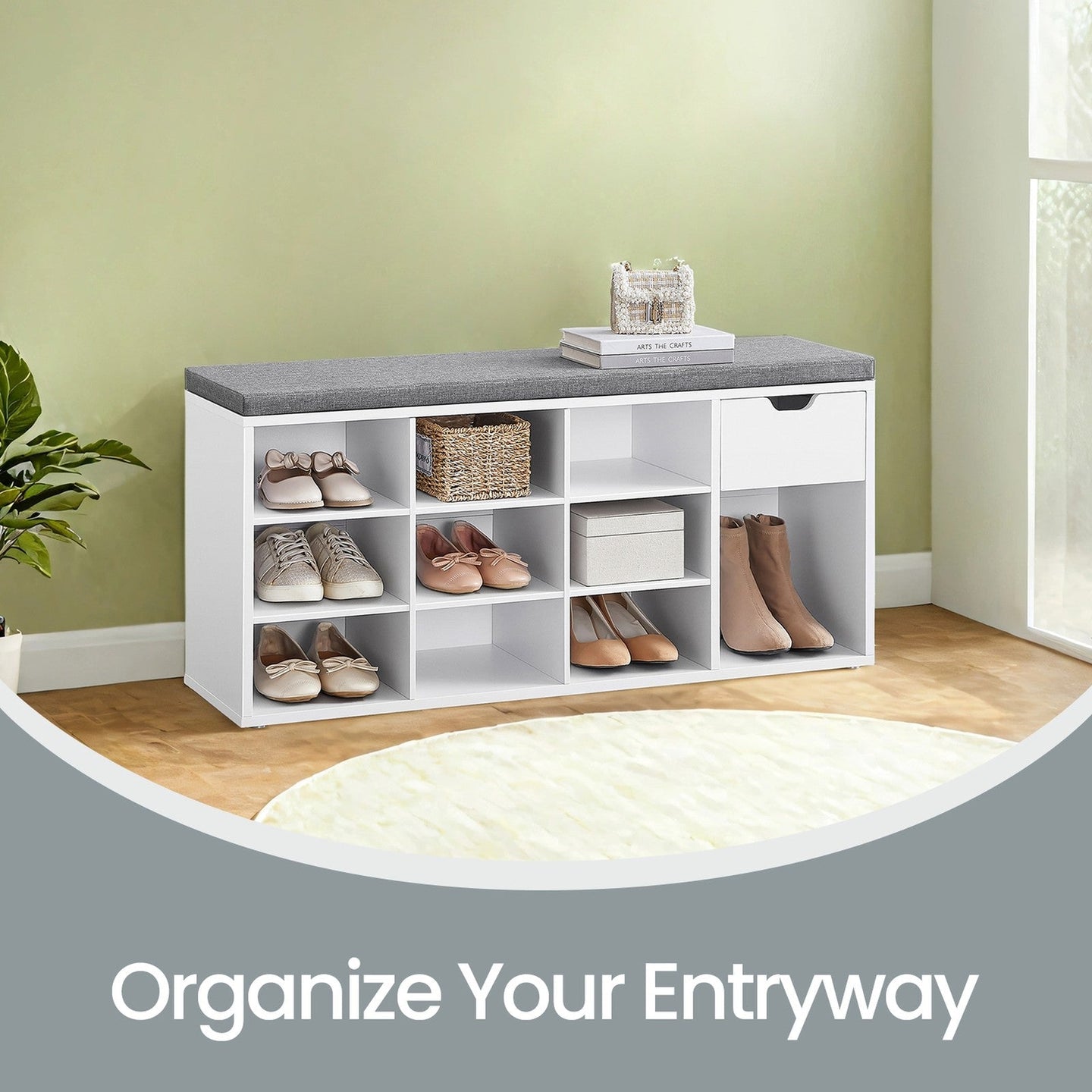 Storage Bench - Engineered Wood - White and Gray - Cushion Seat with Drawer and Open Compartments