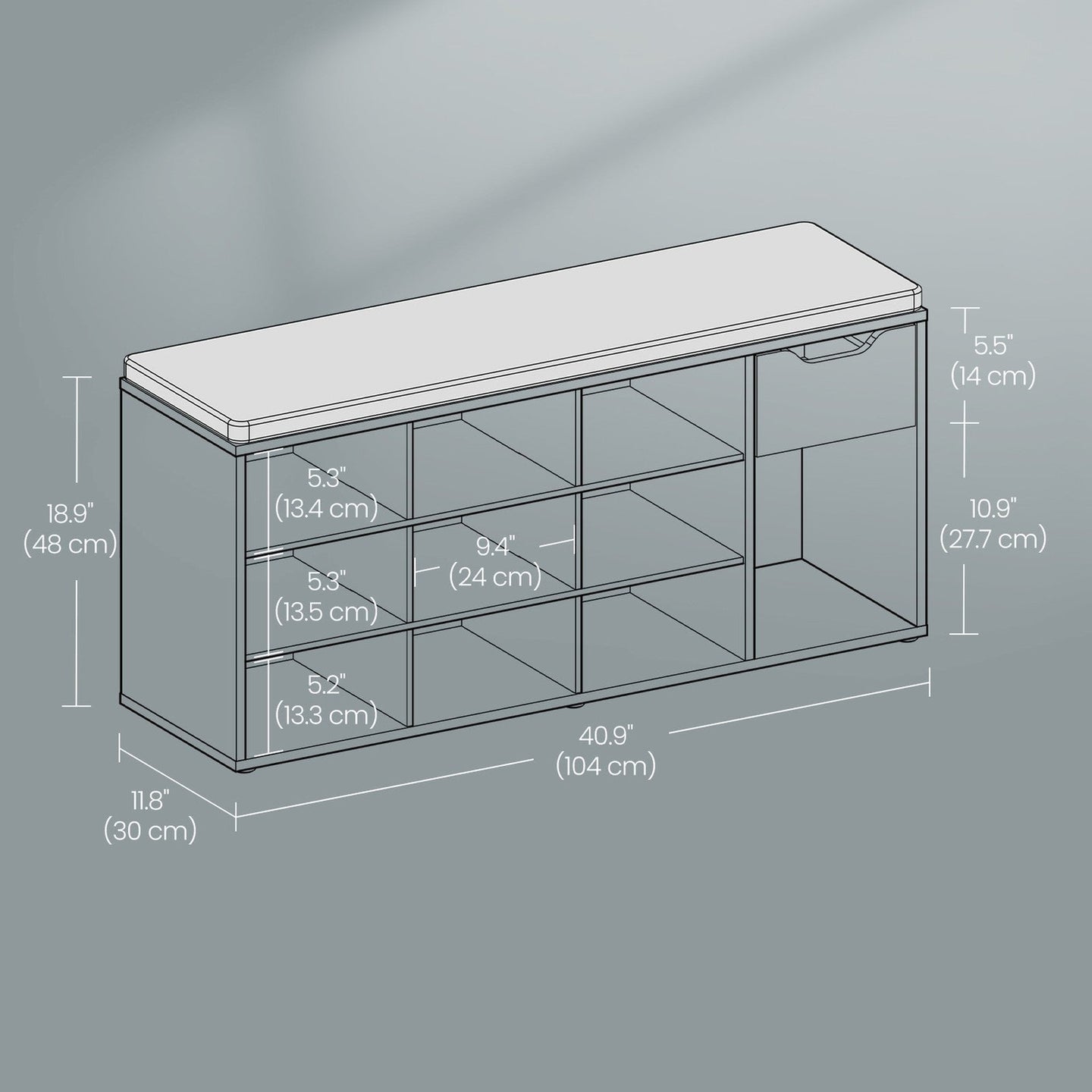 Storage Bench - Engineered Wood - White and Gray - Cushion Seat with Drawer and Open Compartments