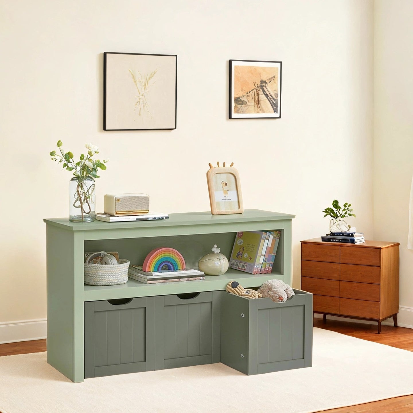 Toy Storage Organizer - Mobile with 3 Drawers - Wood - Laurel Green
