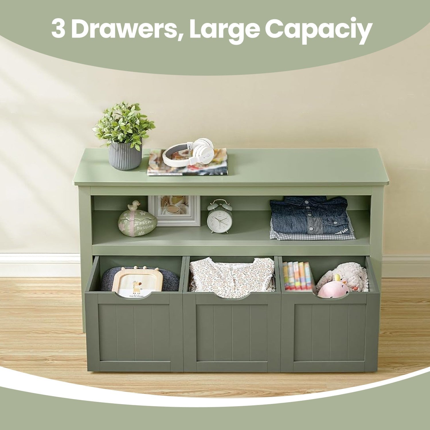 Toy Storage Organizer - Mobile with 3 Drawers - Wood - Laurel Green