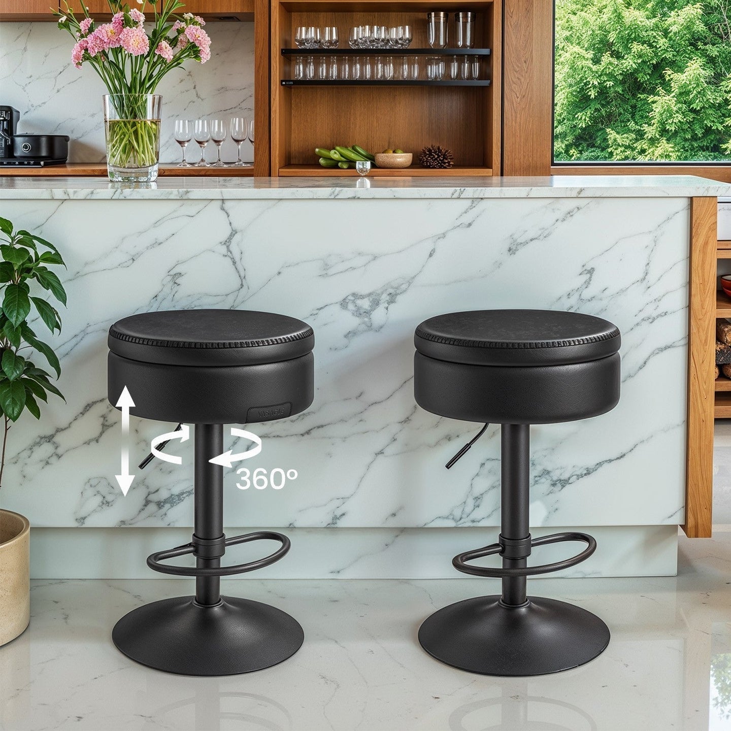 360° Swivel Bar Stool - Synthetic Leather - Ink Black - Height Adjustable with Storage