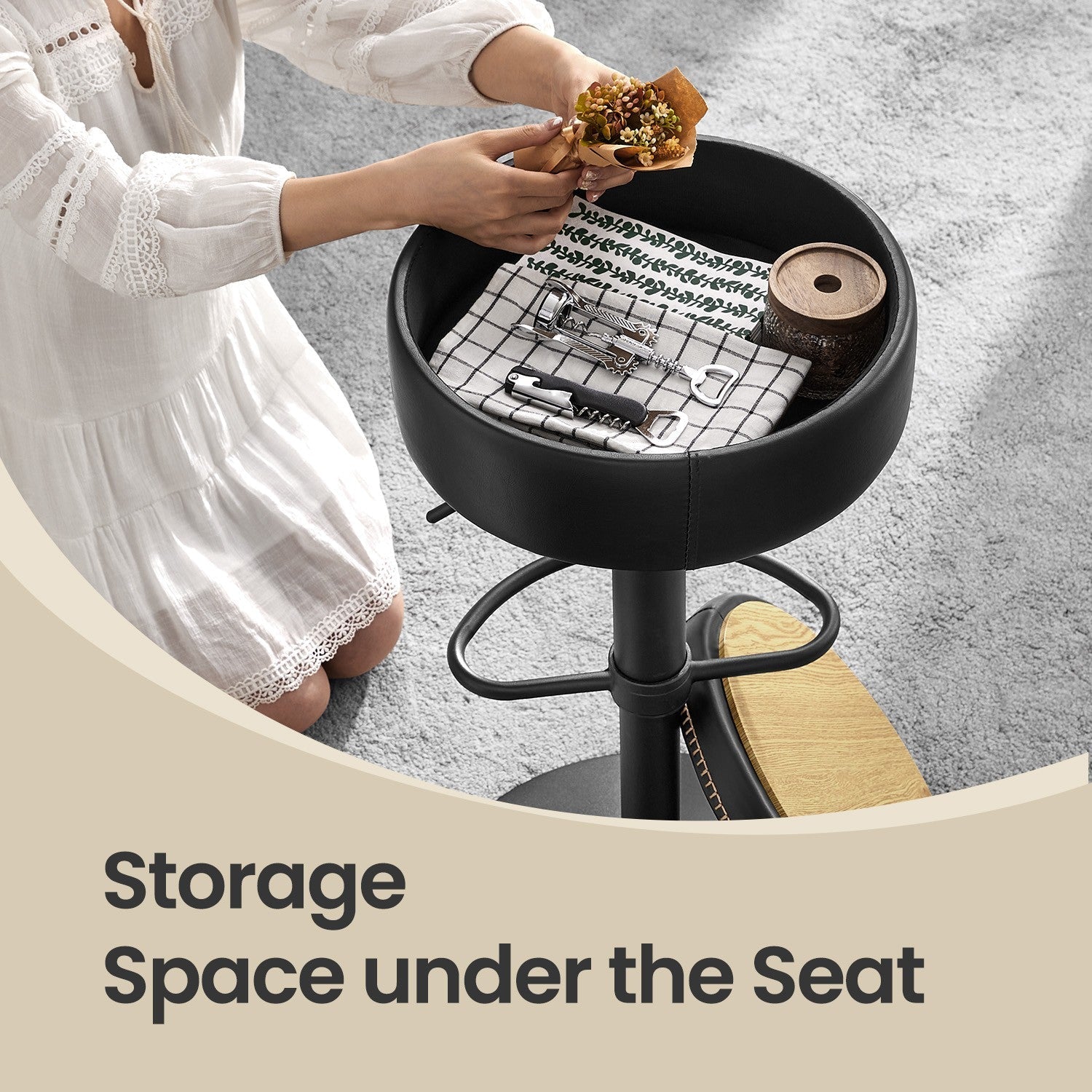 360° Swivel Bar Stool - Synthetic Leather - Ink Black - Height Adjustable with Storage