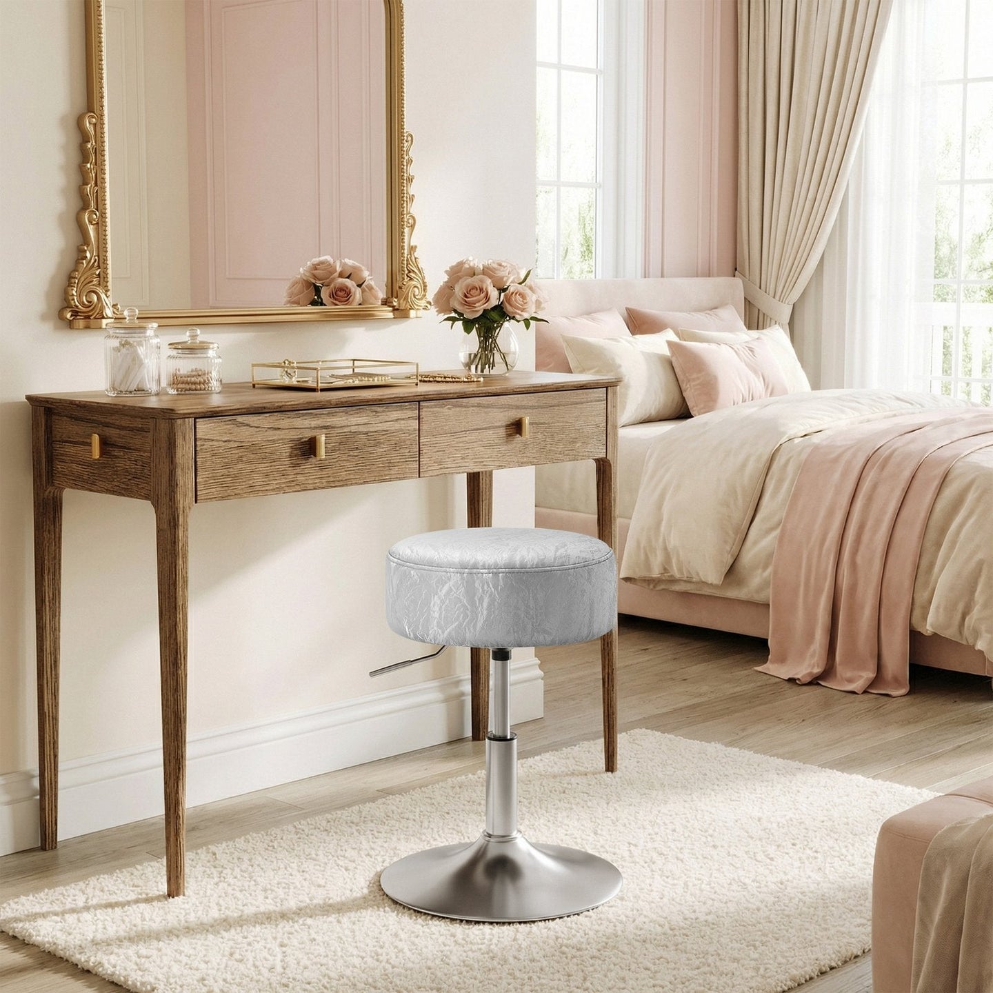 Height Adjustable Makeup Vanity Stool - 360° Swivel - PU Upholstery - Thick Cushion