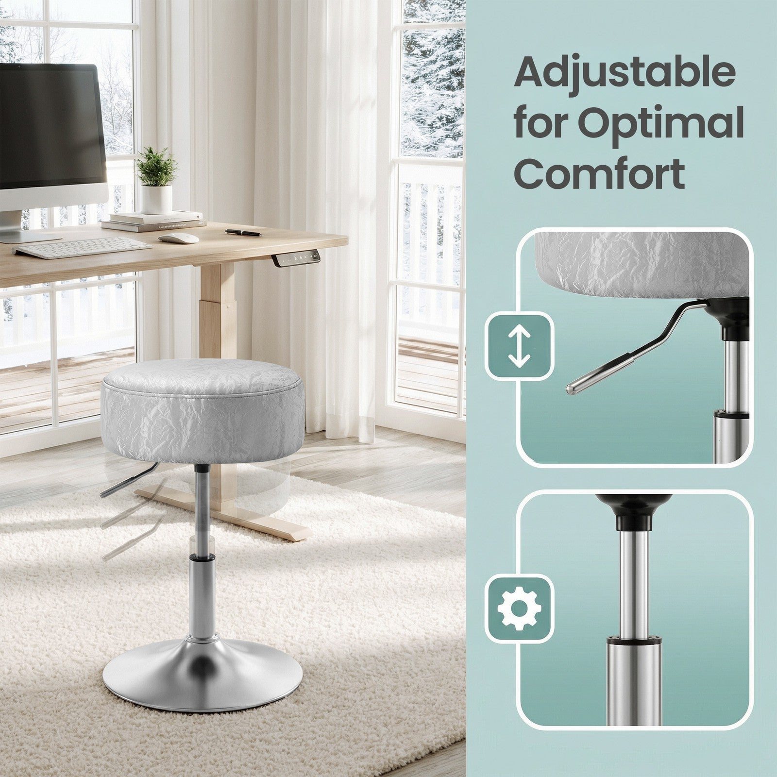 Height Adjustable Makeup Vanity Stool - 360° Swivel - PU Upholstery - Thick Cushion