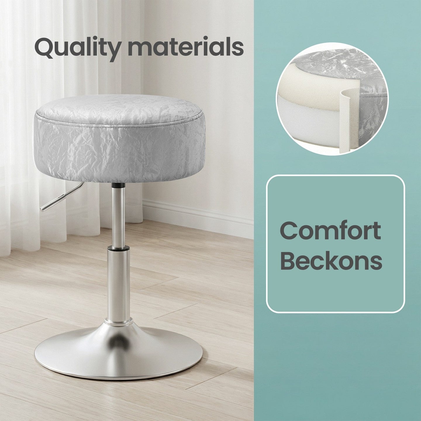 Height Adjustable Makeup Vanity Stool - 360° Swivel - PU Upholstery - Thick Cushion