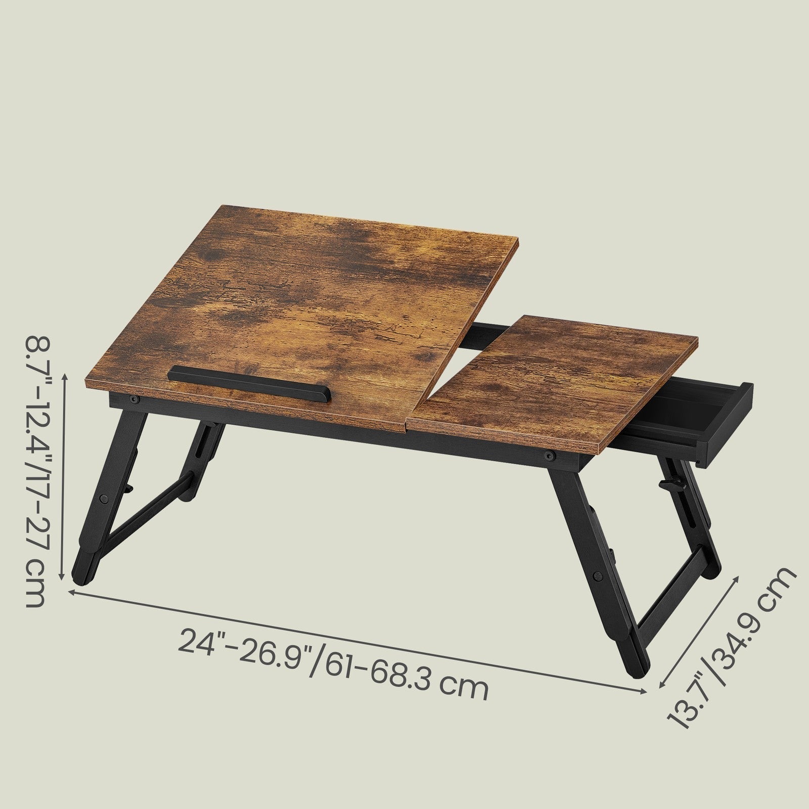 Bed Tray - Wood - Rustic Brown - Adjustable Tilting Top with Height Adjustable Folding Legs