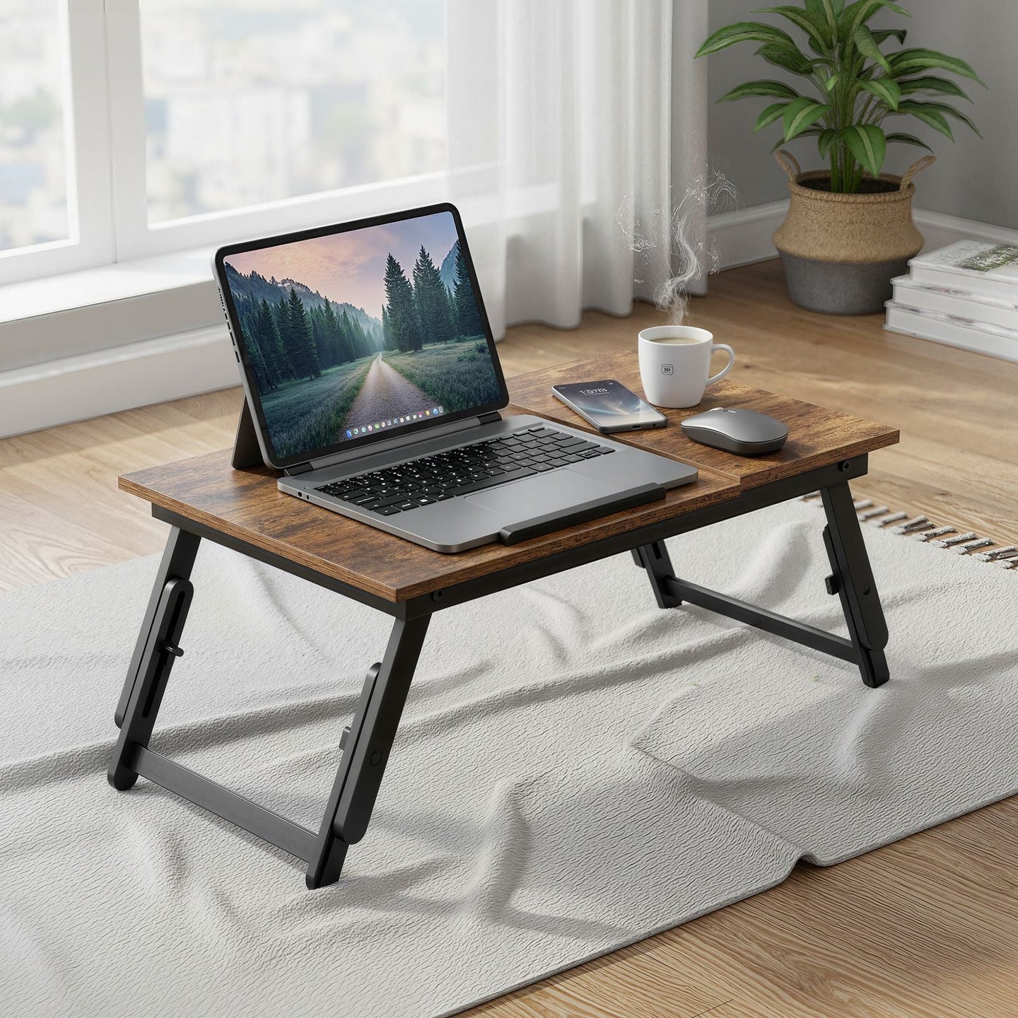 Bed Tray - Wood - Rustic Brown - Adjustable Tilting Top with Height Adjustable Folding Legs