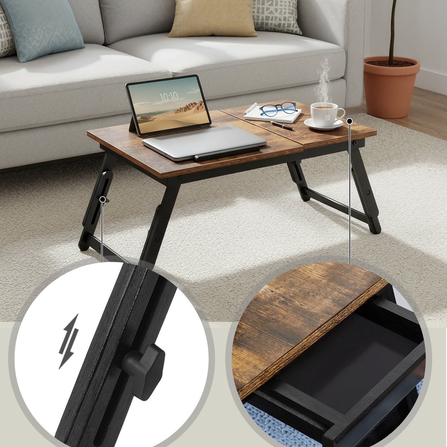 Bed Tray - Wood - Rustic Brown - Adjustable Tilting Top with Height Adjustable Folding Legs