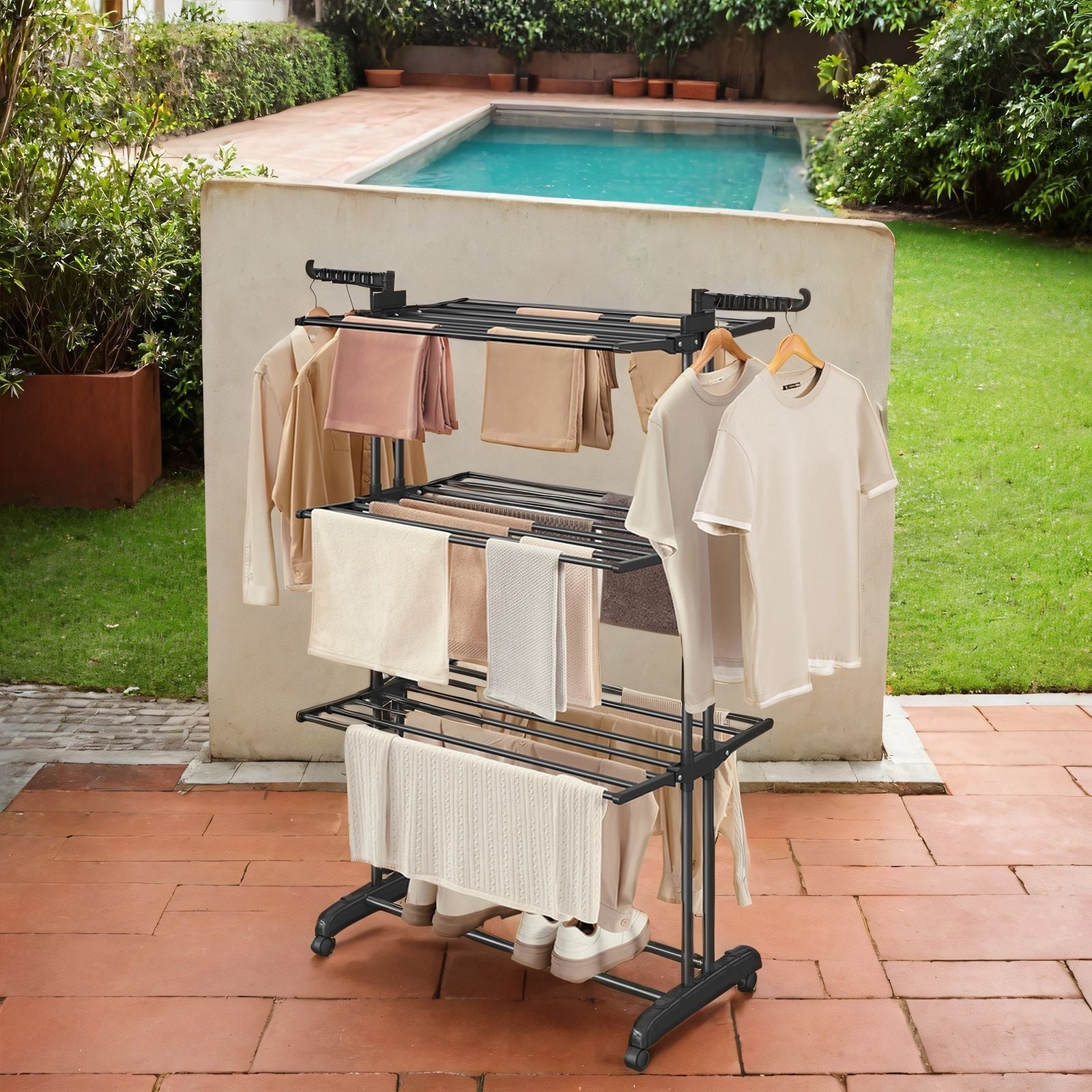 4-Tier Folding Laundry Drying Rack - Stainless Steel - Black - Indoor and Outdoor Use