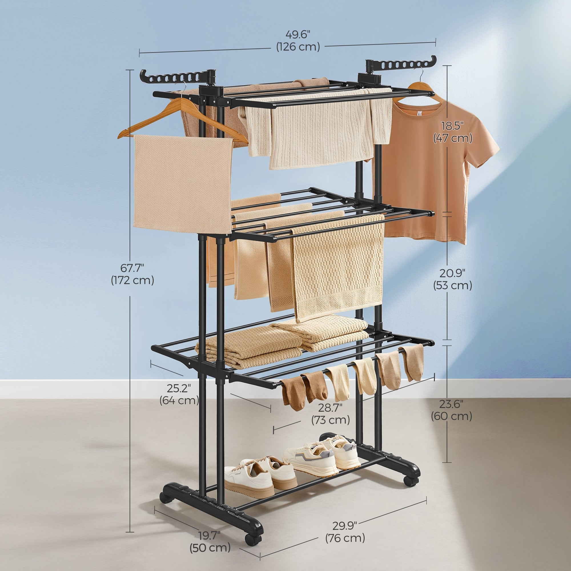 4-Tier Folding Laundry Drying Rack - Stainless Steel - Black - Indoor and Outdoor Use