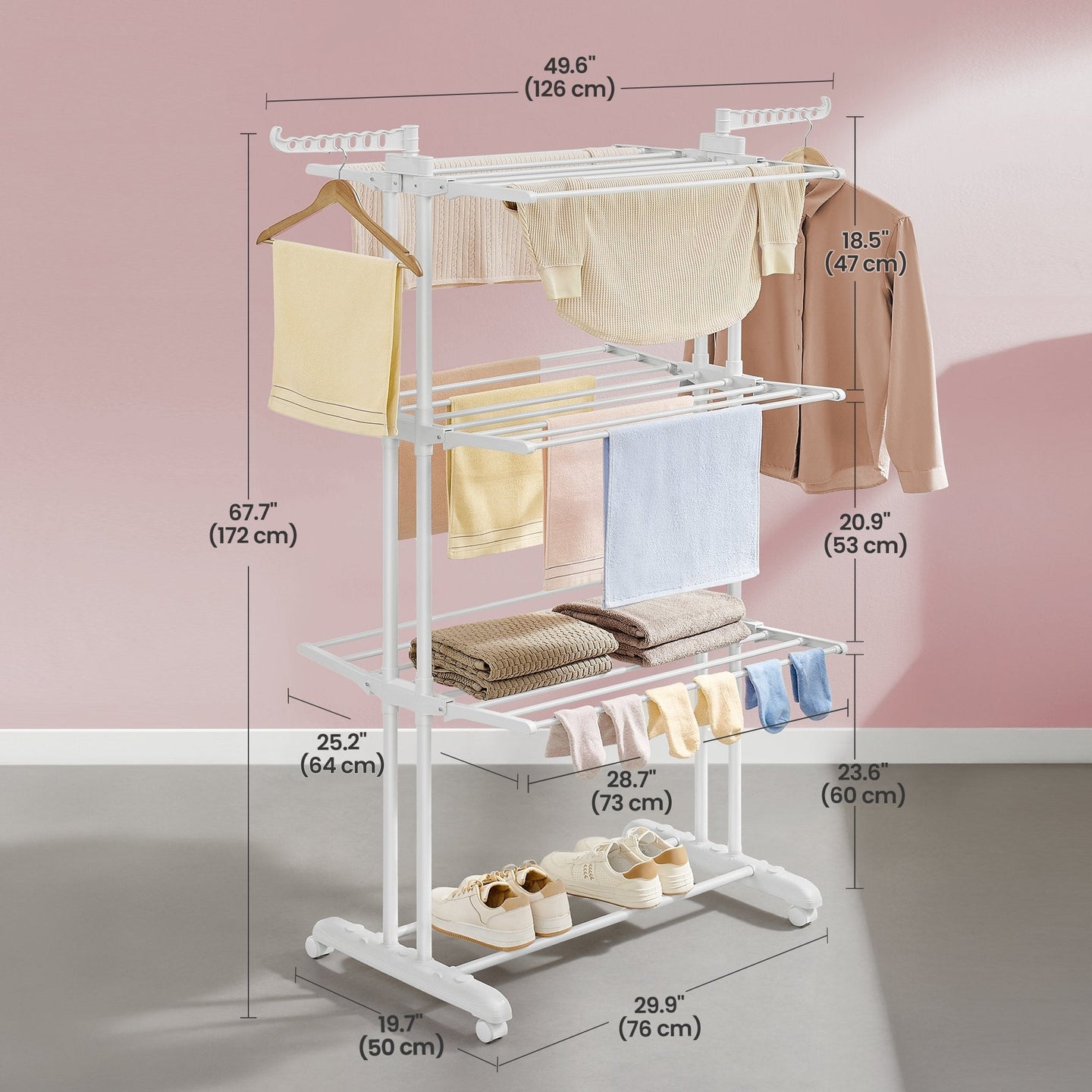 Folding Laundry Drying Rack - Stainless Steel - Gray - 4-Tier Design with Foldable Wings