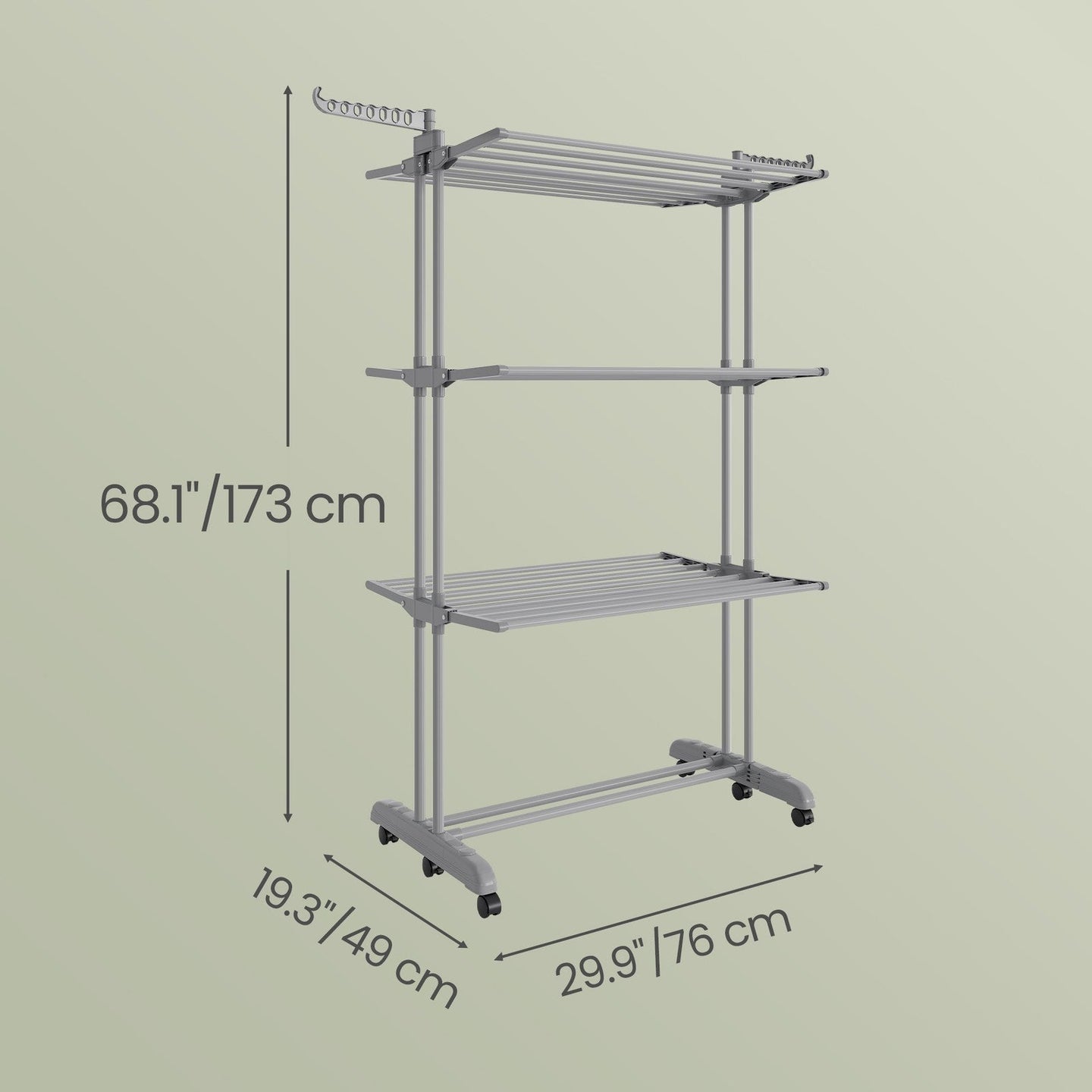 Clothes Drying Rack - Stainless Steel - Gray - Foldable with Wheels and Side Wings