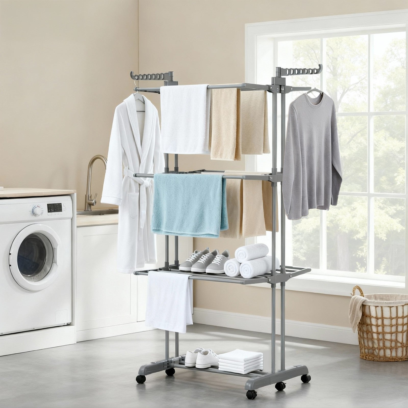 Clothes Drying Rack - Stainless Steel - Gray - Foldable with Wheels and Side Wings