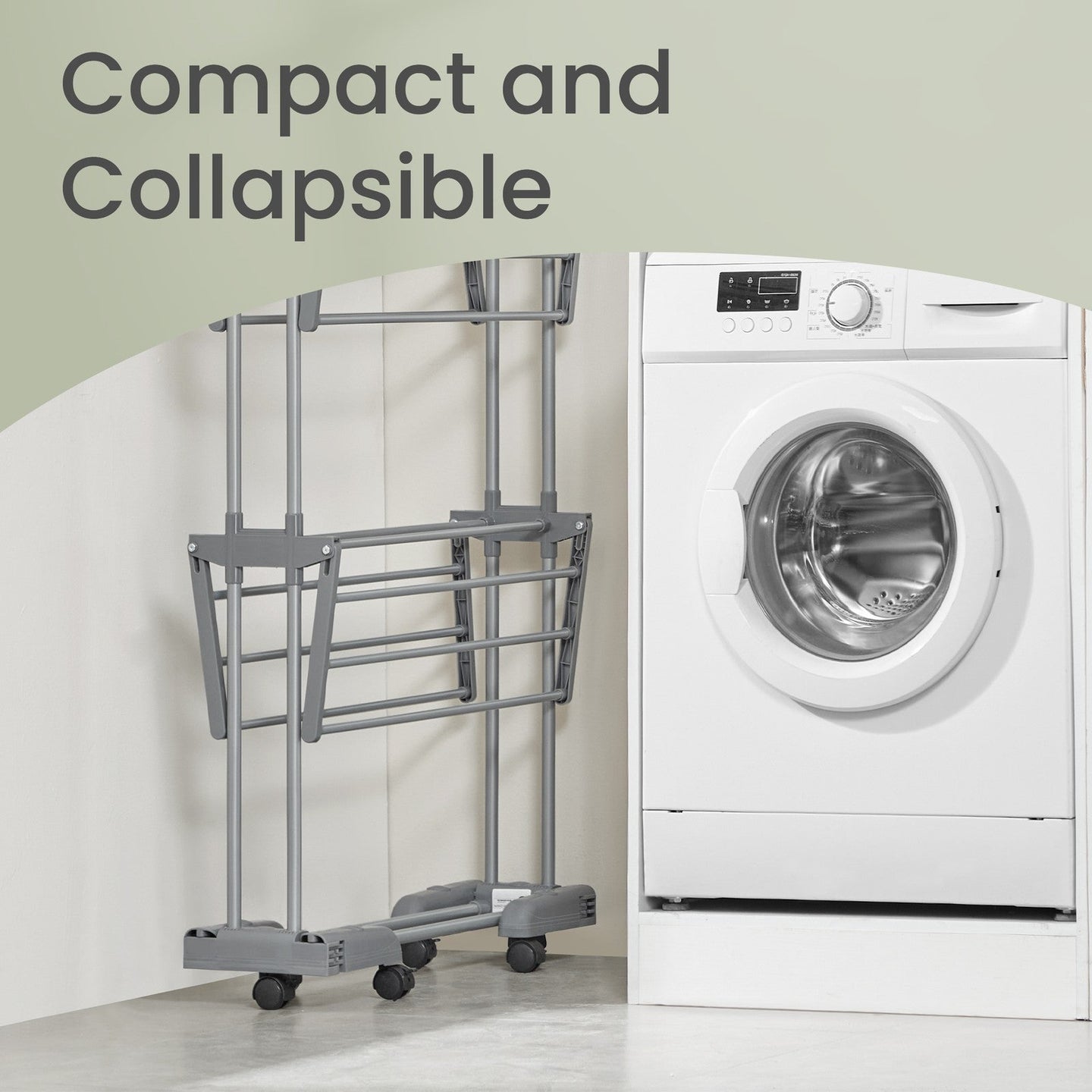 Clothes Drying Rack - Stainless Steel - Gray - Foldable with Wheels and Side Wings