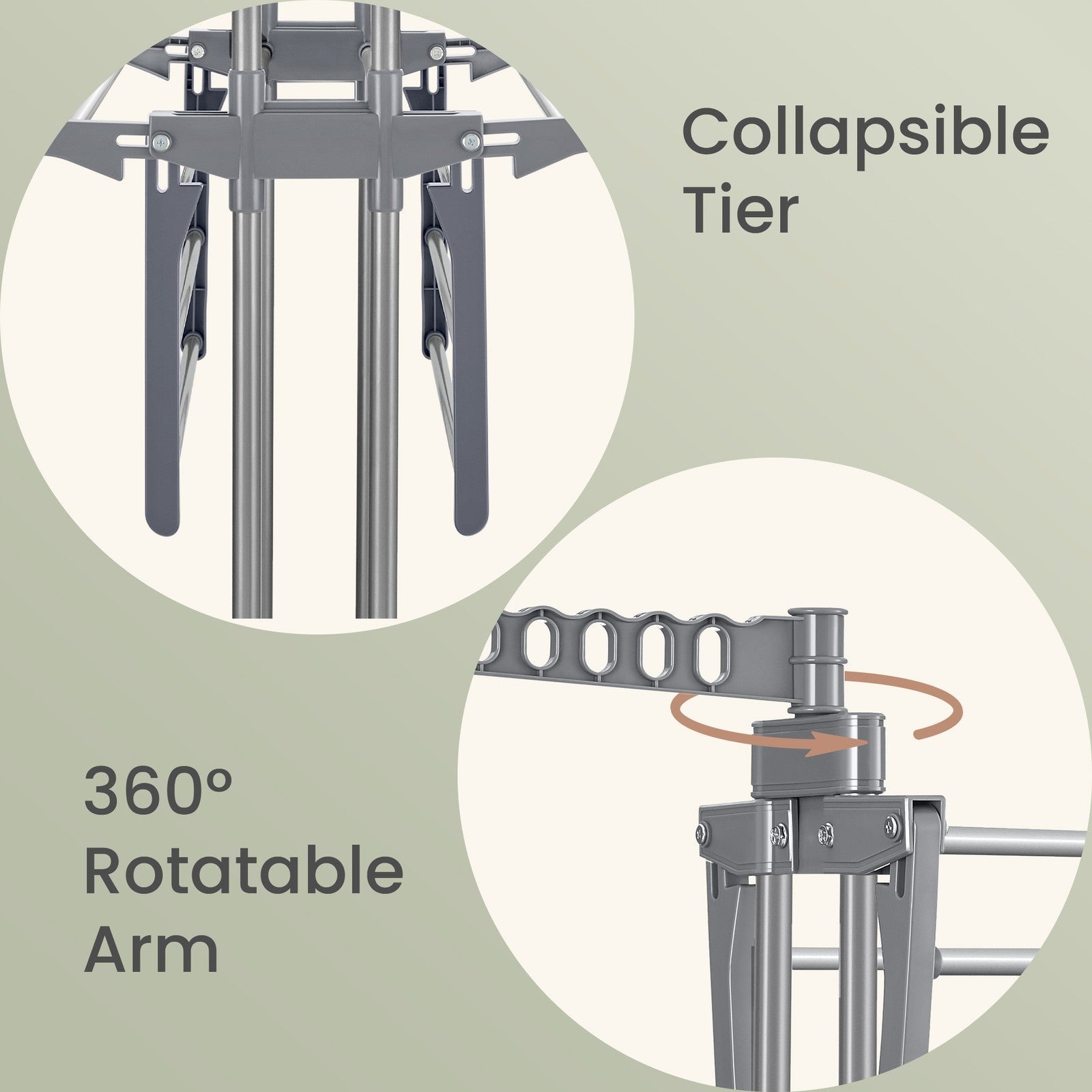Clothes Drying Rack - Stainless Steel - Gray - Foldable with Wheels and Side Wings