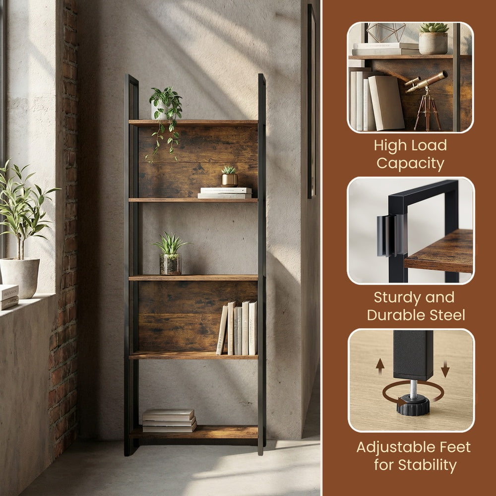 5-Tier Bookshelf, Book Shelf - Particleboard and Steel - Brown