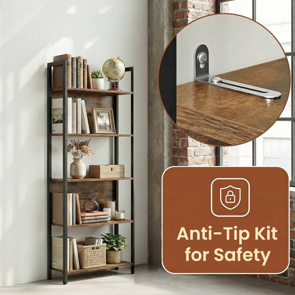 5-Tier Bookshelf, Book Shelf - Particleboard and Steel - Brown