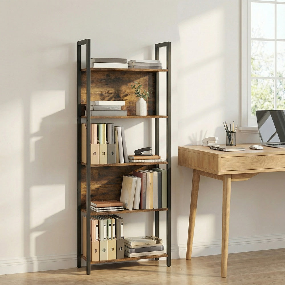 5-Tier Bookshelf, Book Shelf - Particleboard and Steel - Brown
