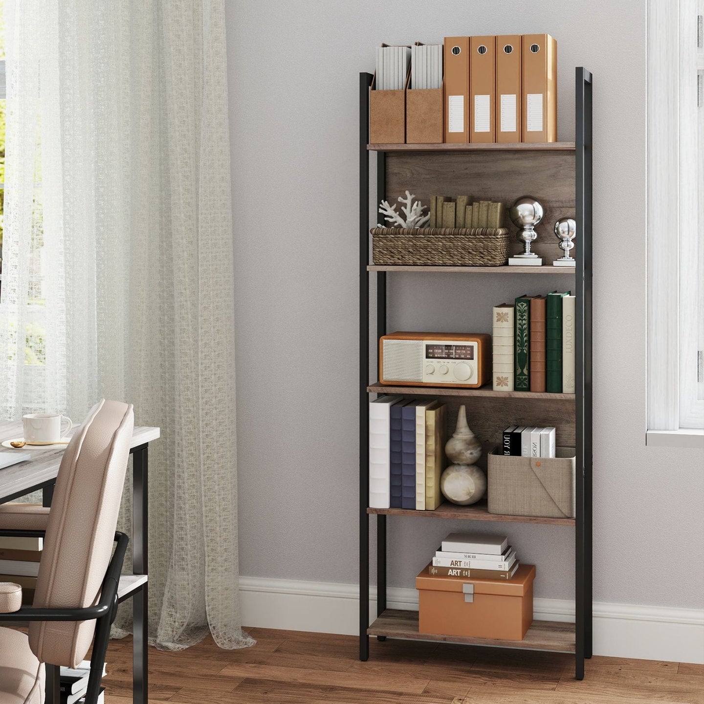 5-Tier Bookshelf - Steel - Rustic Brown and Black - Stable Structure for Living Room and Office
