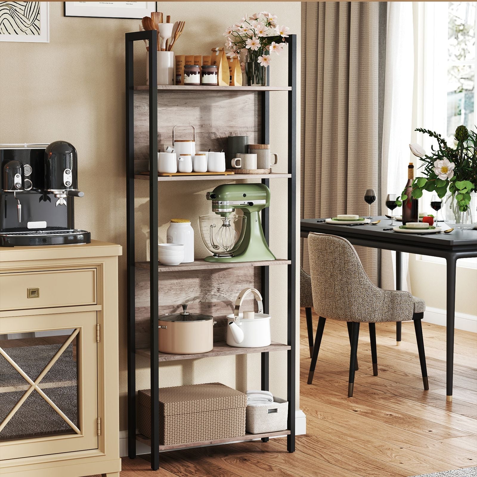 5-Tier Bookshelf - Steel - Rustic Brown and Black - Stable Structure for Living Room and Office