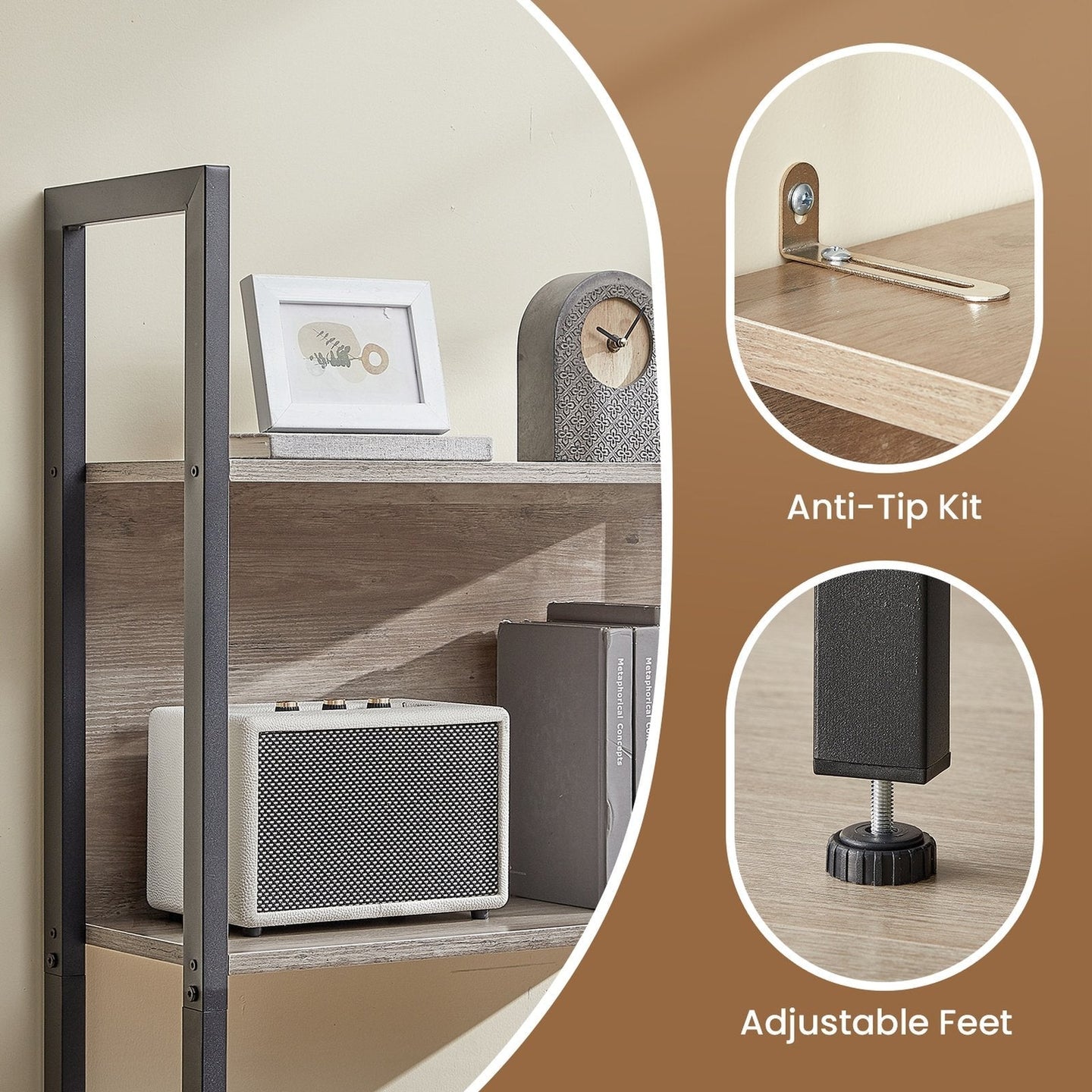 5-Tier Bookshelf - Steel - Rustic Brown and Black - Stable Structure for Living Room and Office