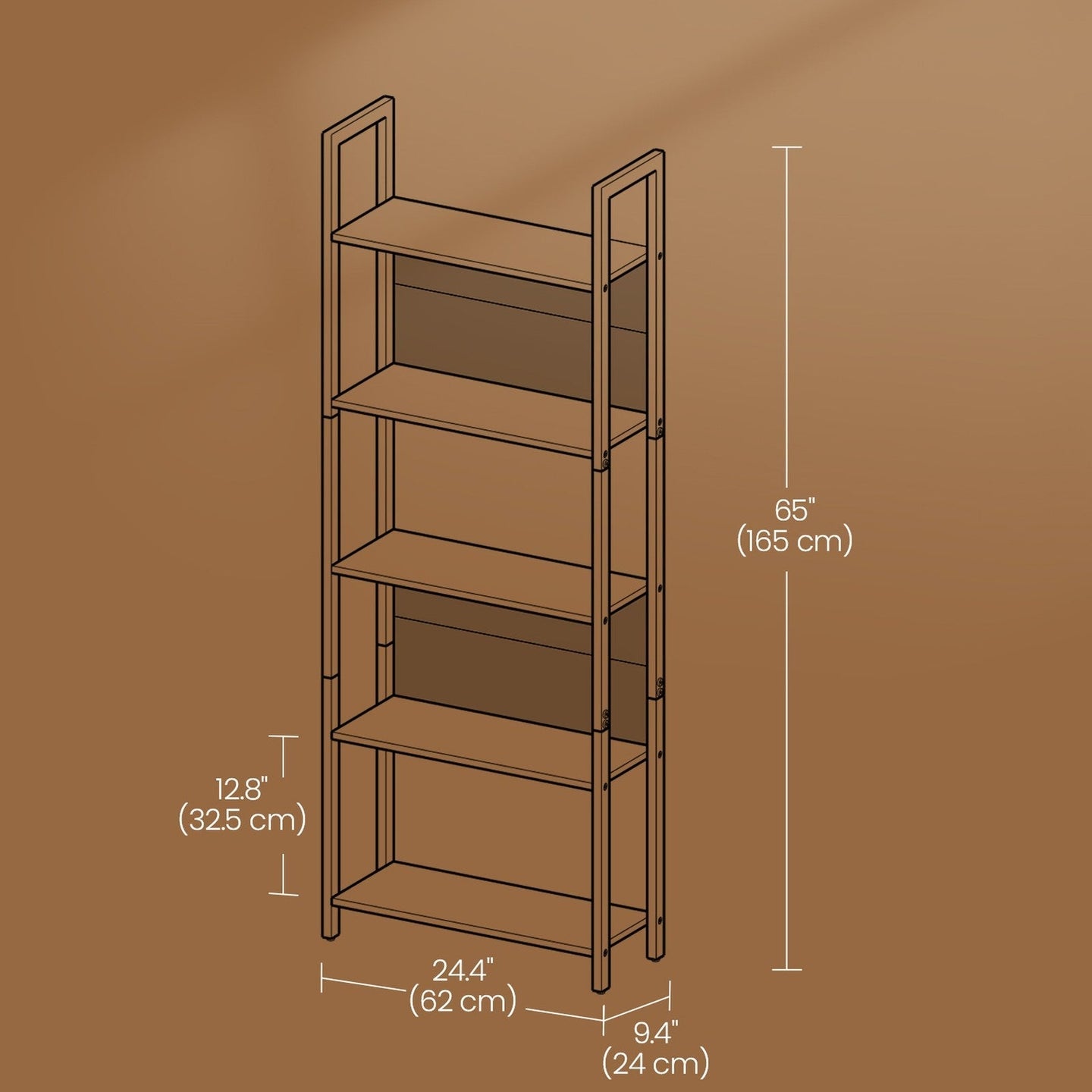 5-Tier Bookshelf - Steel - Rustic Brown and Black - Stable Structure for Living Room and Office