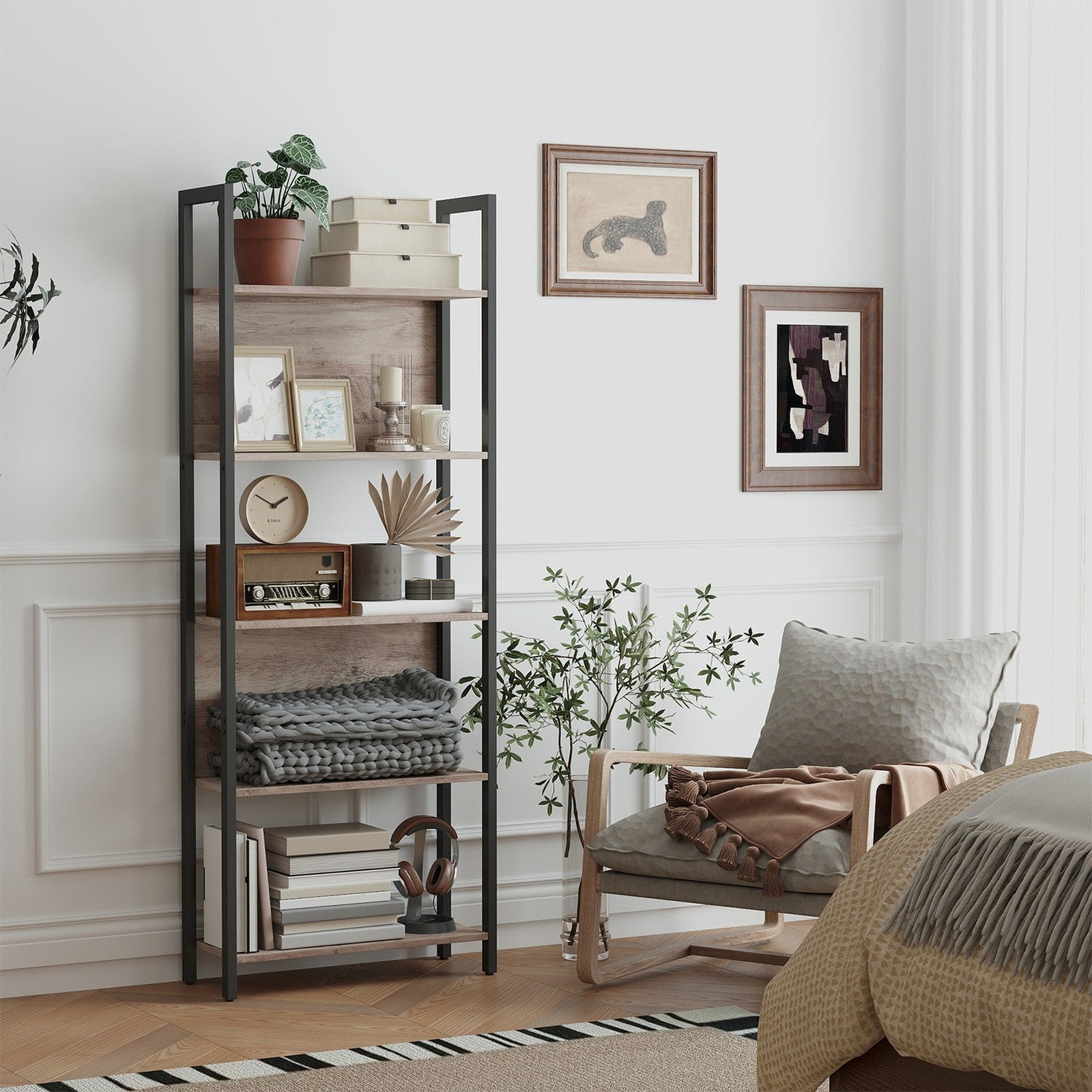 5-Tier Bookshelf - Steel - Rustic Brown and Black - Stable Structure for Living Room and Office