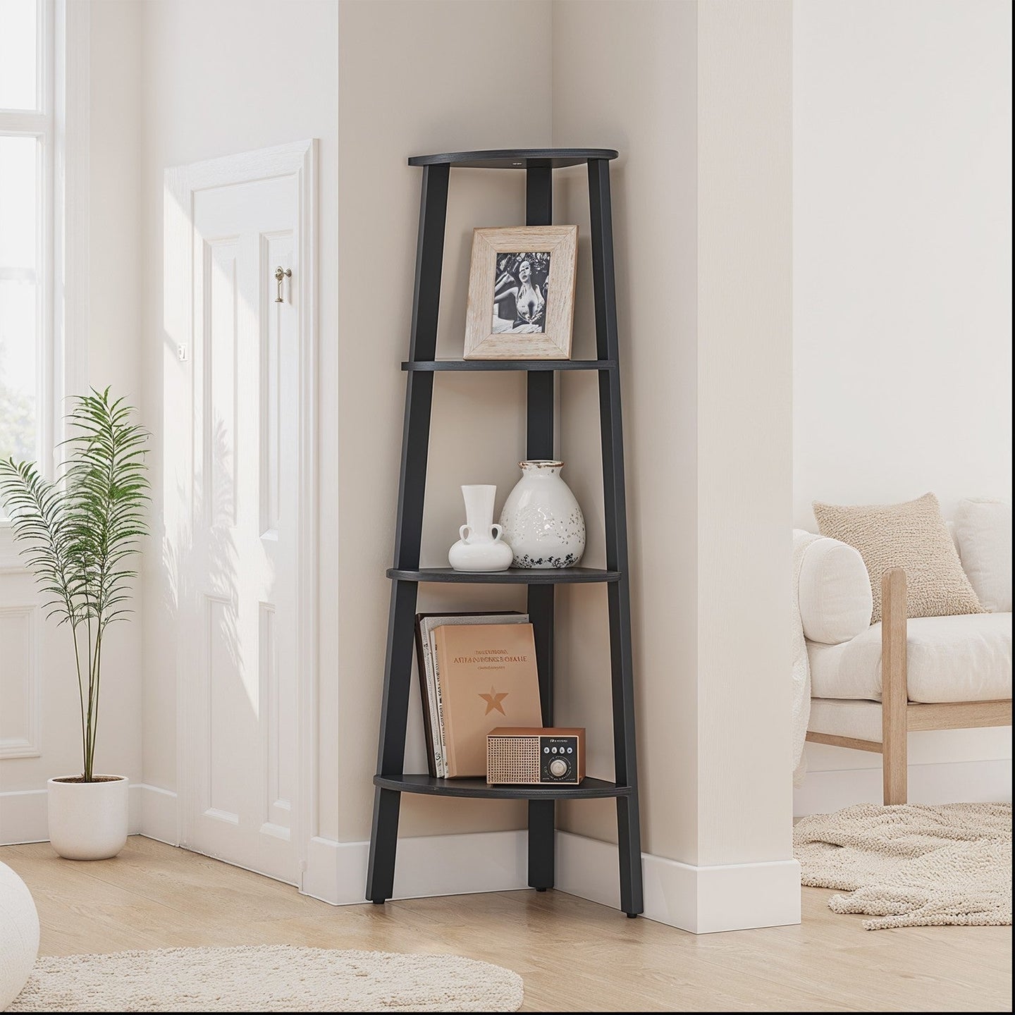 4-Tier Corner Bookshelf - Steel Frame - Natural Oak