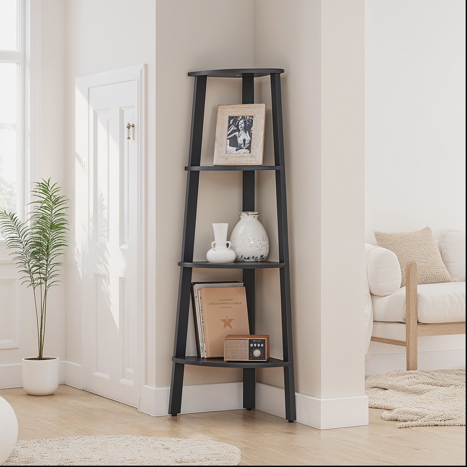 4-Tier Corner Bookshelf - Steel Frame - Natural Oak
